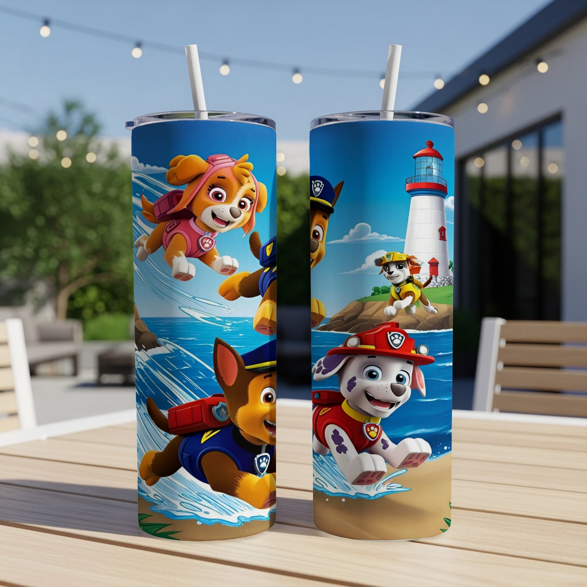 Paw Patrol pups Skye and Chase on a beach with a lighthouse.