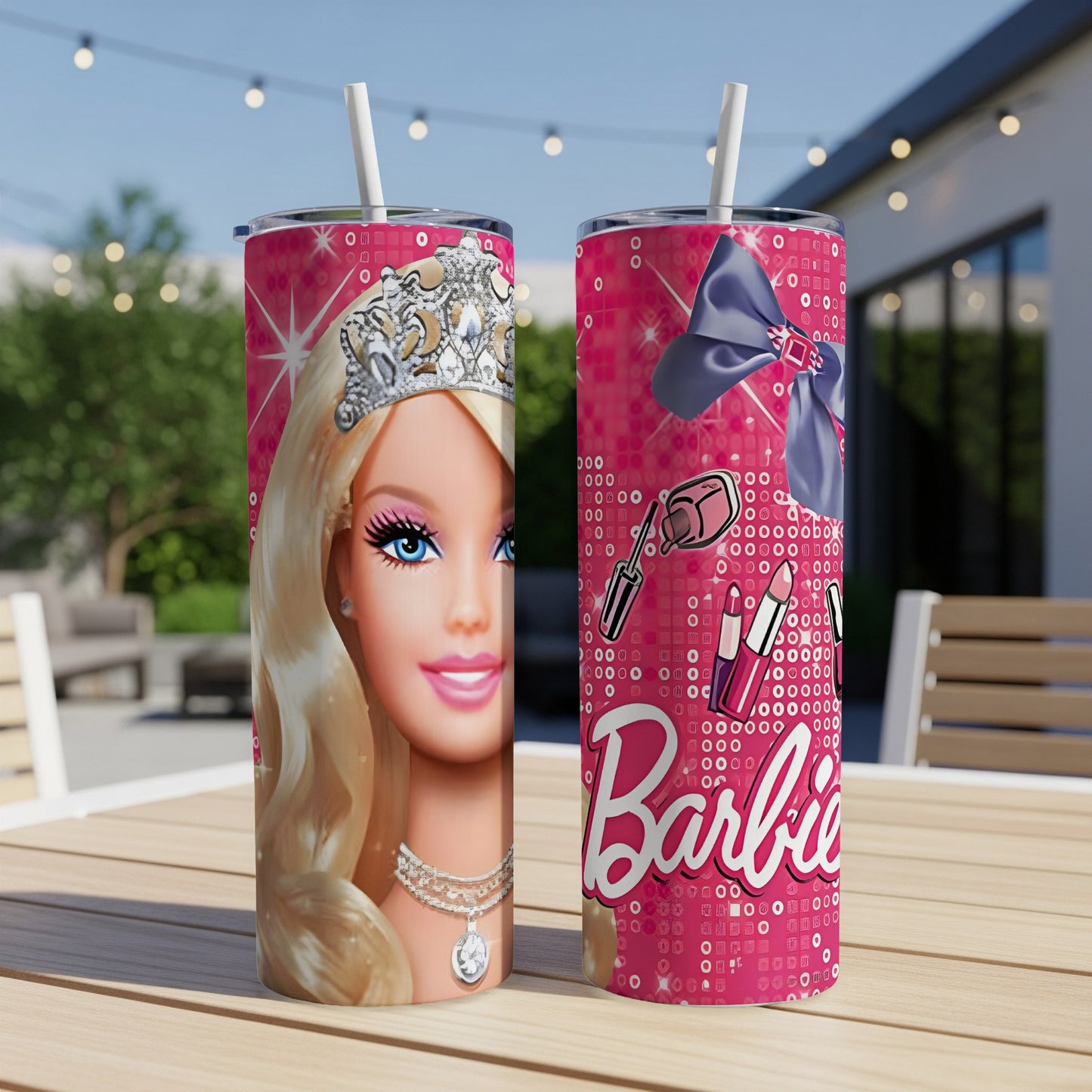 Barbie tumbler with close-up of Barbie's face and pink glitter background.