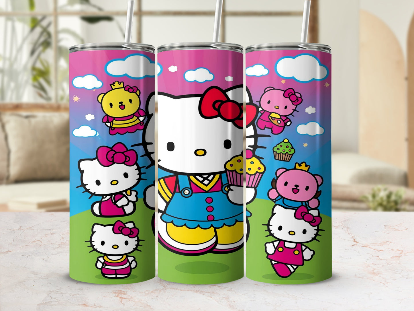 Hello Kitty with cupcakes and bears on a pink gradient background.