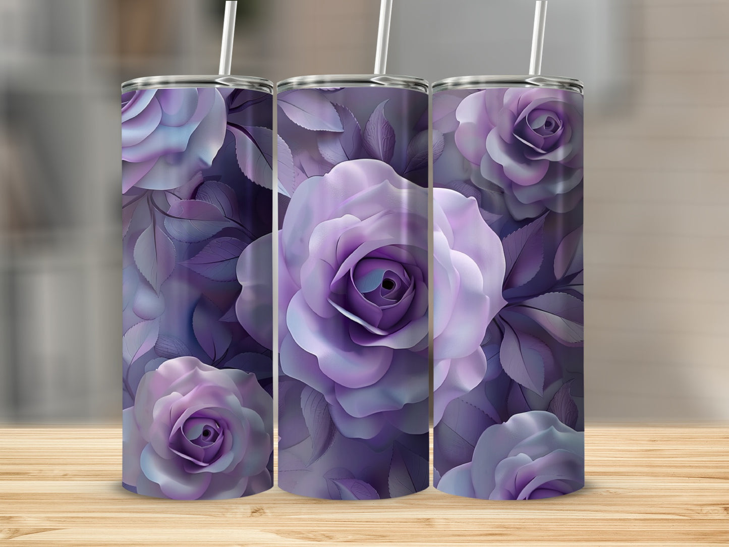 Three tumblers with a purple rose floral pattern.