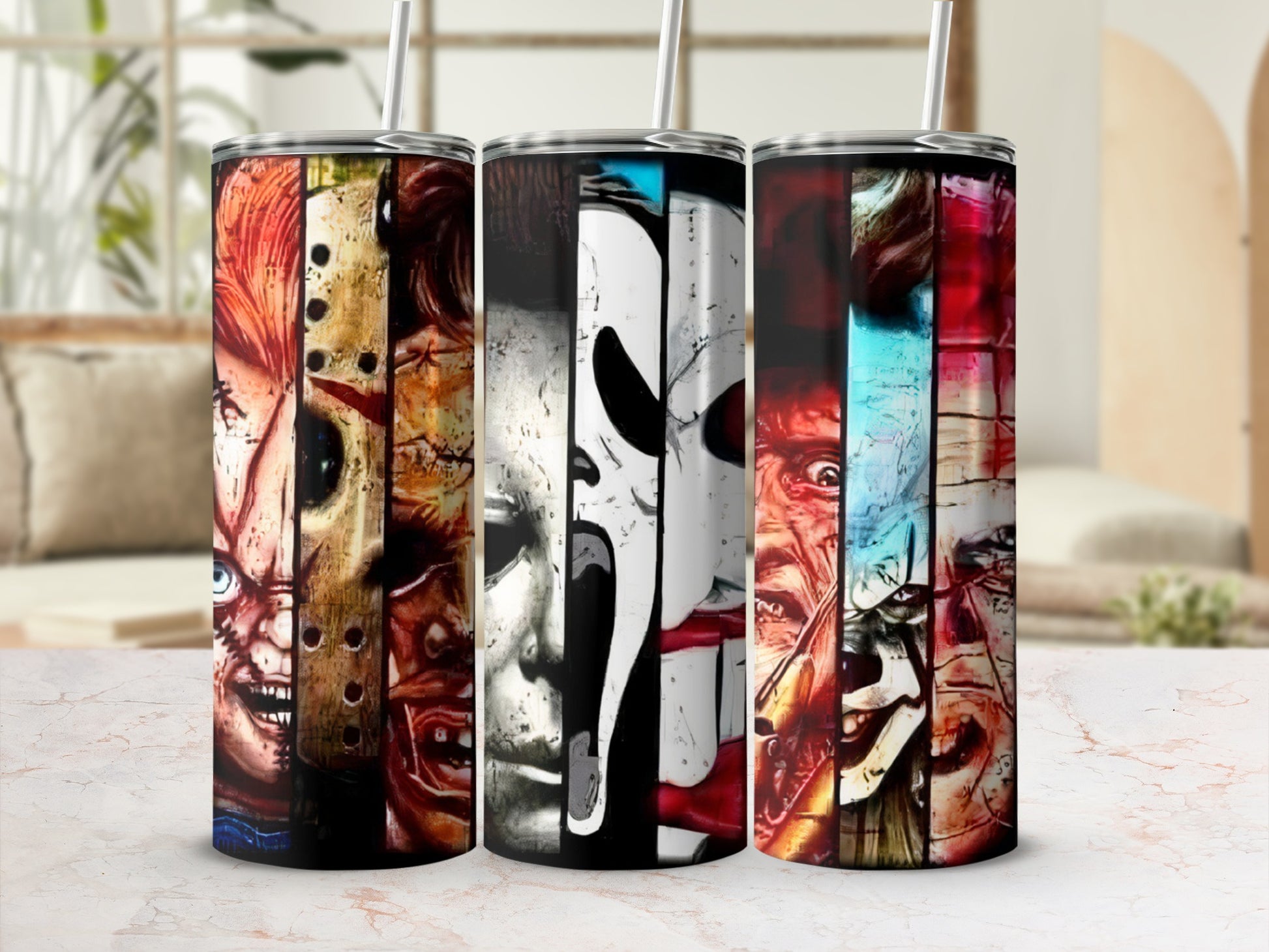 Three tumblers featuring horror movie characters split into vertical panels.