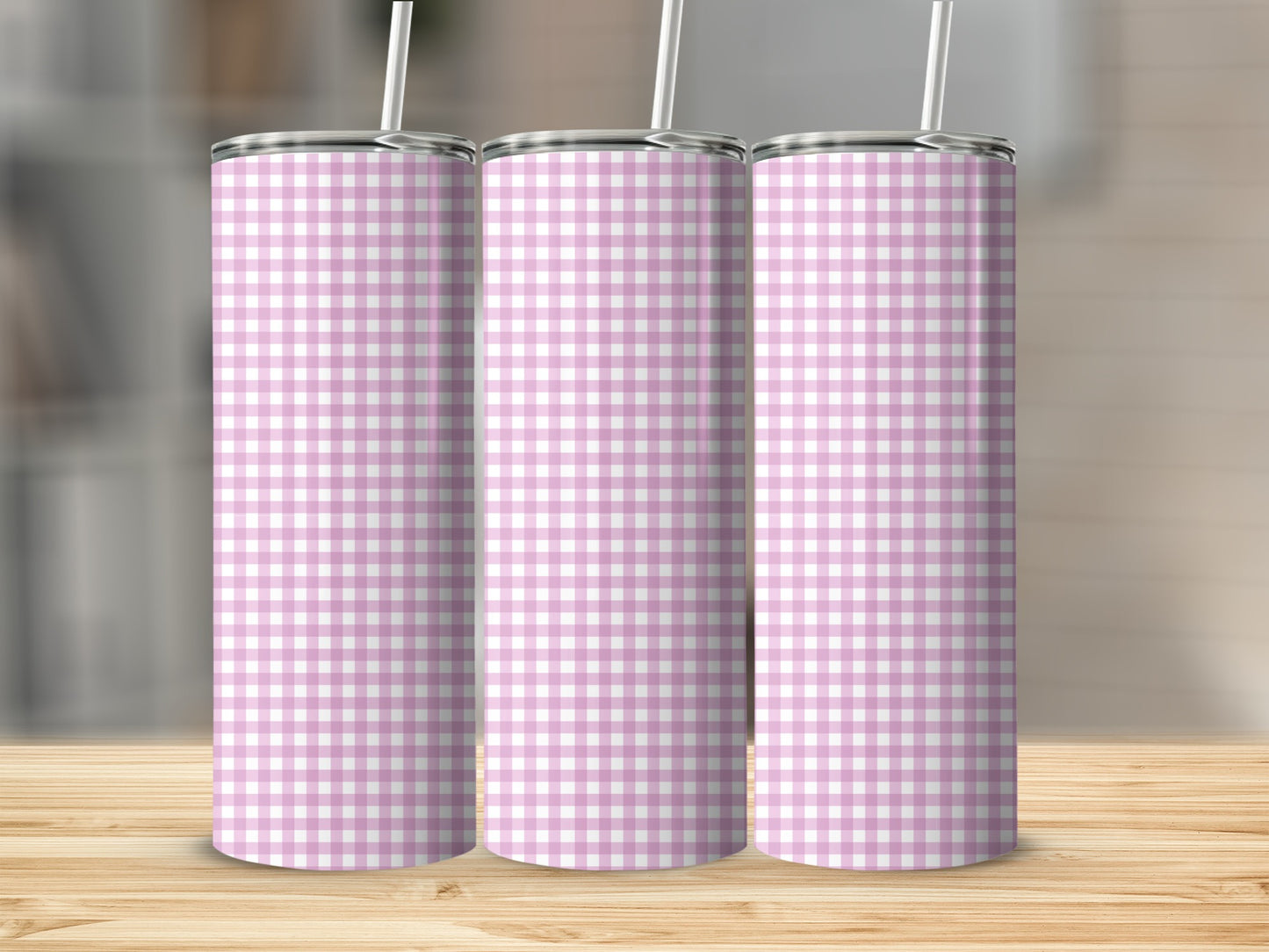 Three tall tumblers with pink and white gingham pattern.