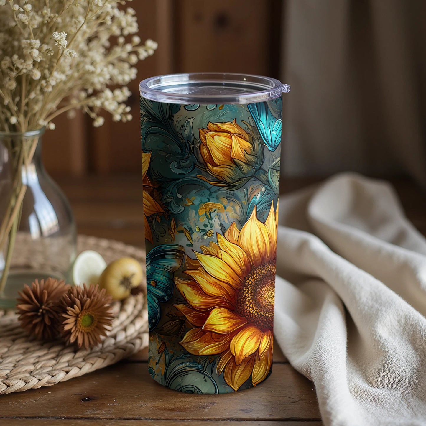 Sunflower and Blue Floral Design on Tumbler Product