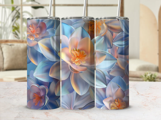 Three tumblers with iridescent floral patterns and straws.