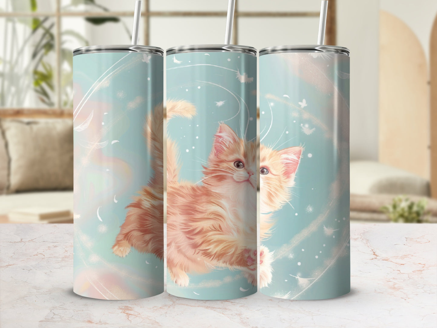 Three teal tumblers with a playful orange kitten design and subtle butterfly accents.