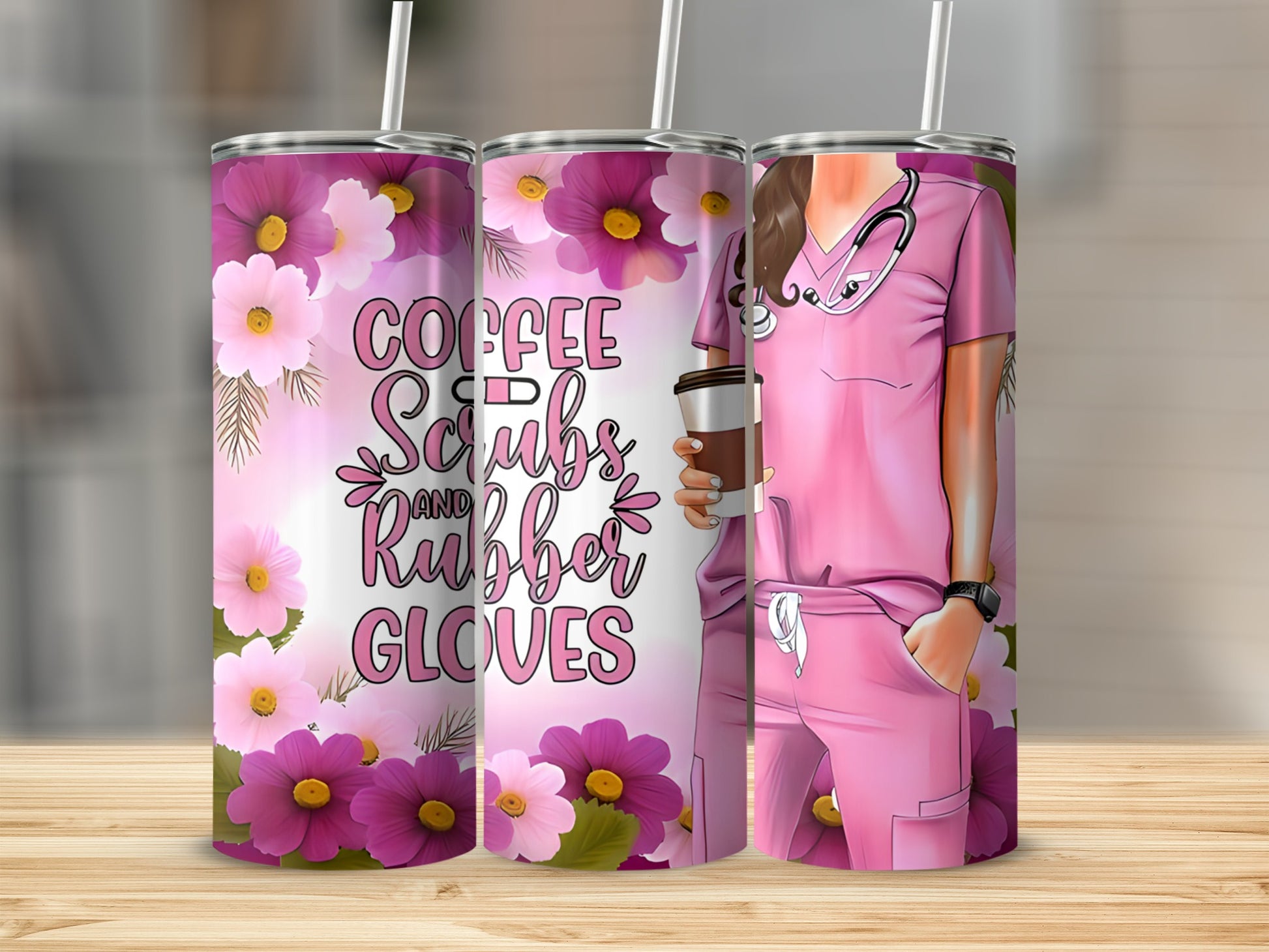 Pink tumbler with coffee, scrubs, and rubber gloves design.