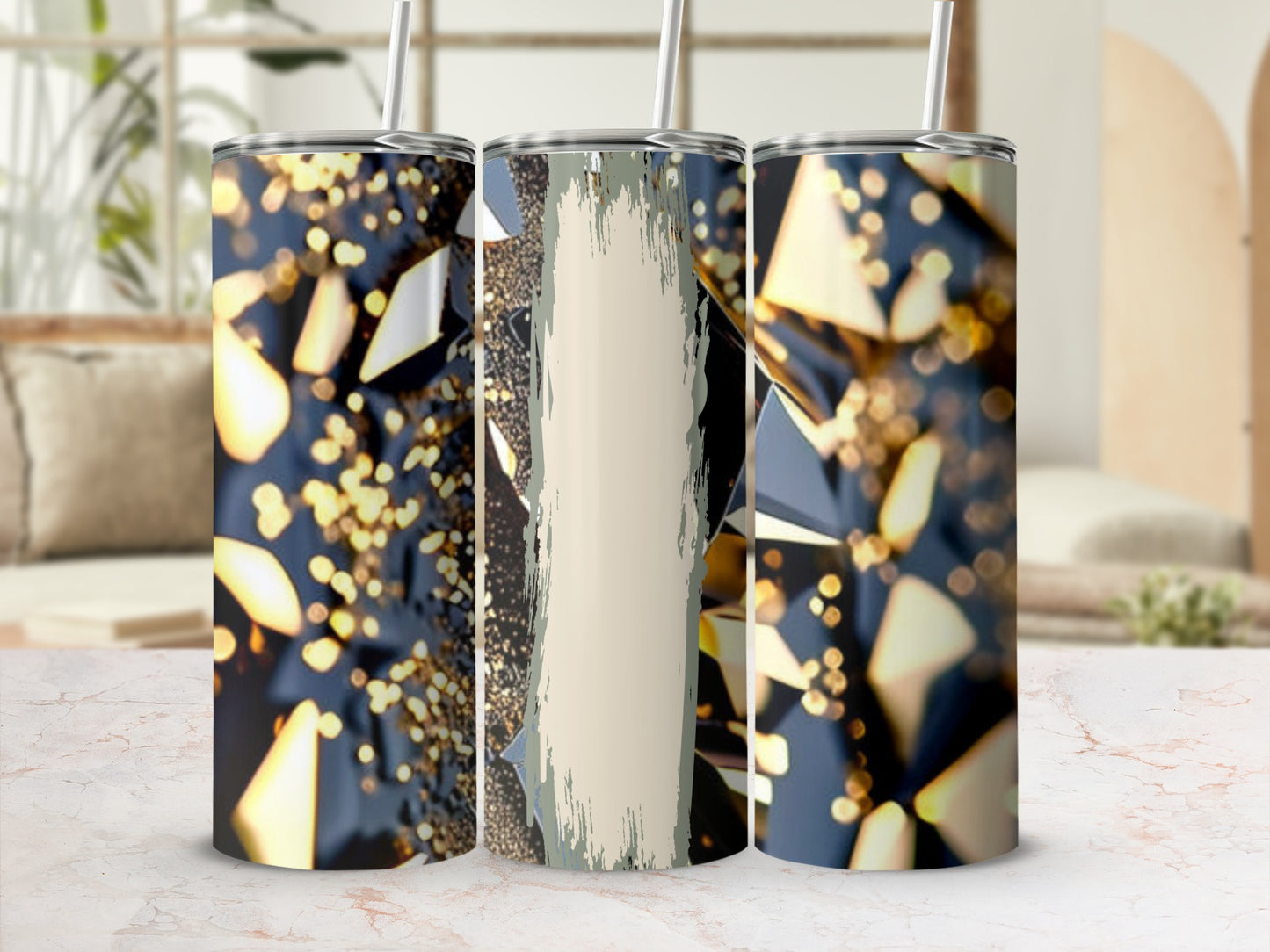 Three tumblers with abstract geometric and glitter designs.