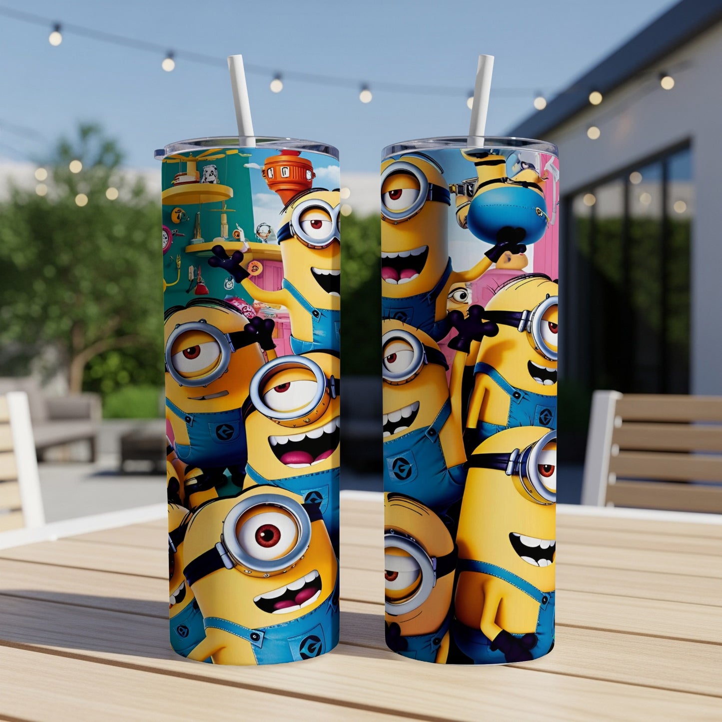 Two Minion-themed tumblers on a table with a blurred background.