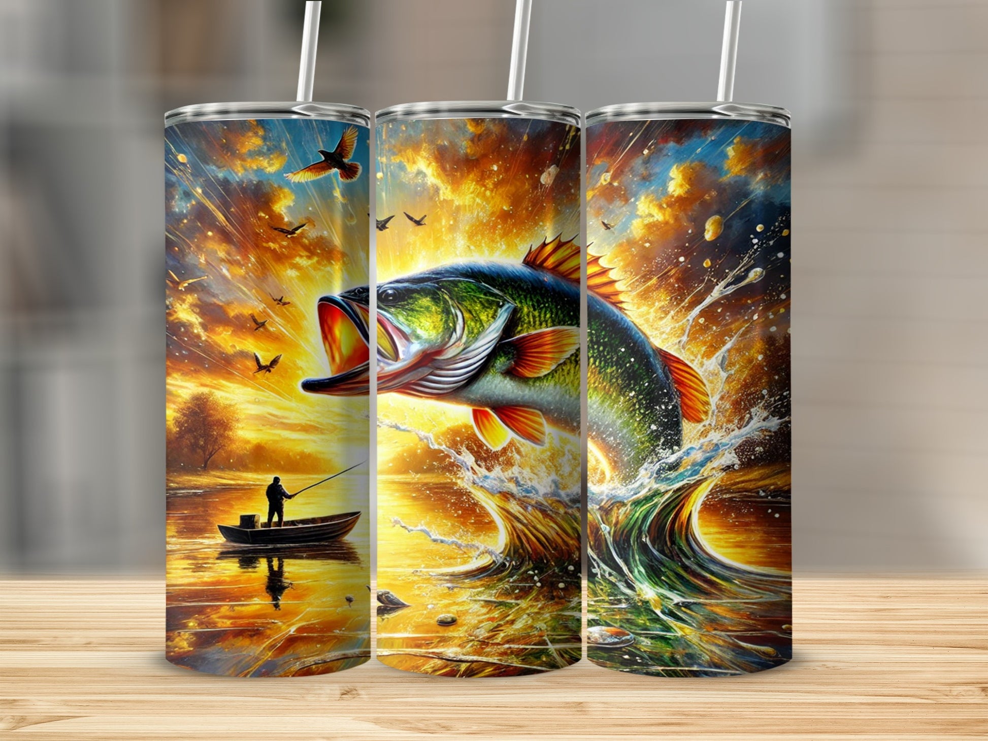 Stunning Fishing Scene with Bass and Birds Tumbler