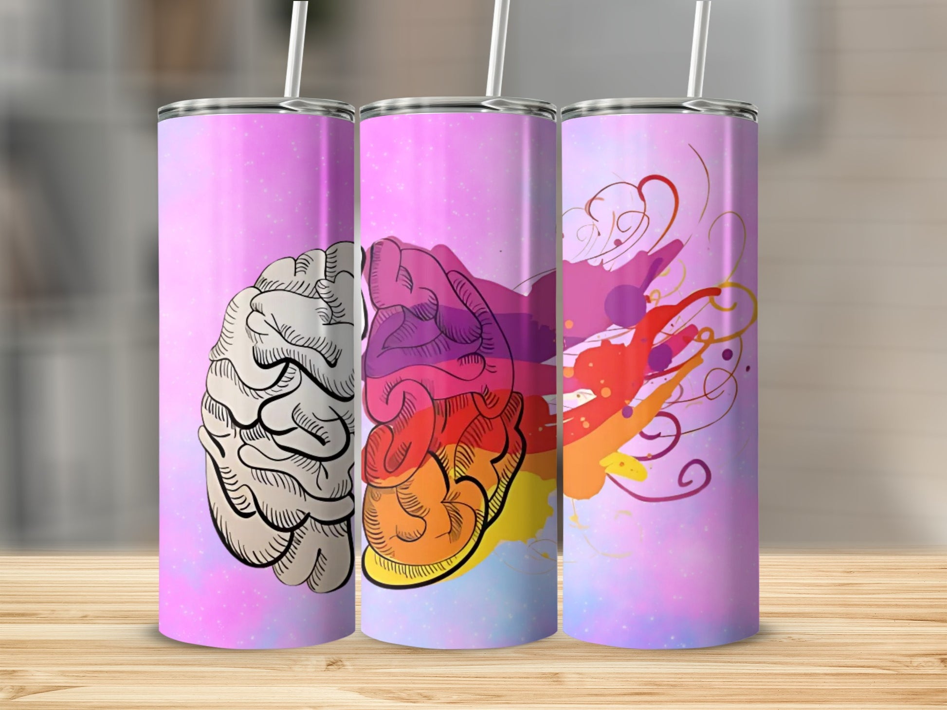 Colorful Brain Art Design Tumbler with Straw