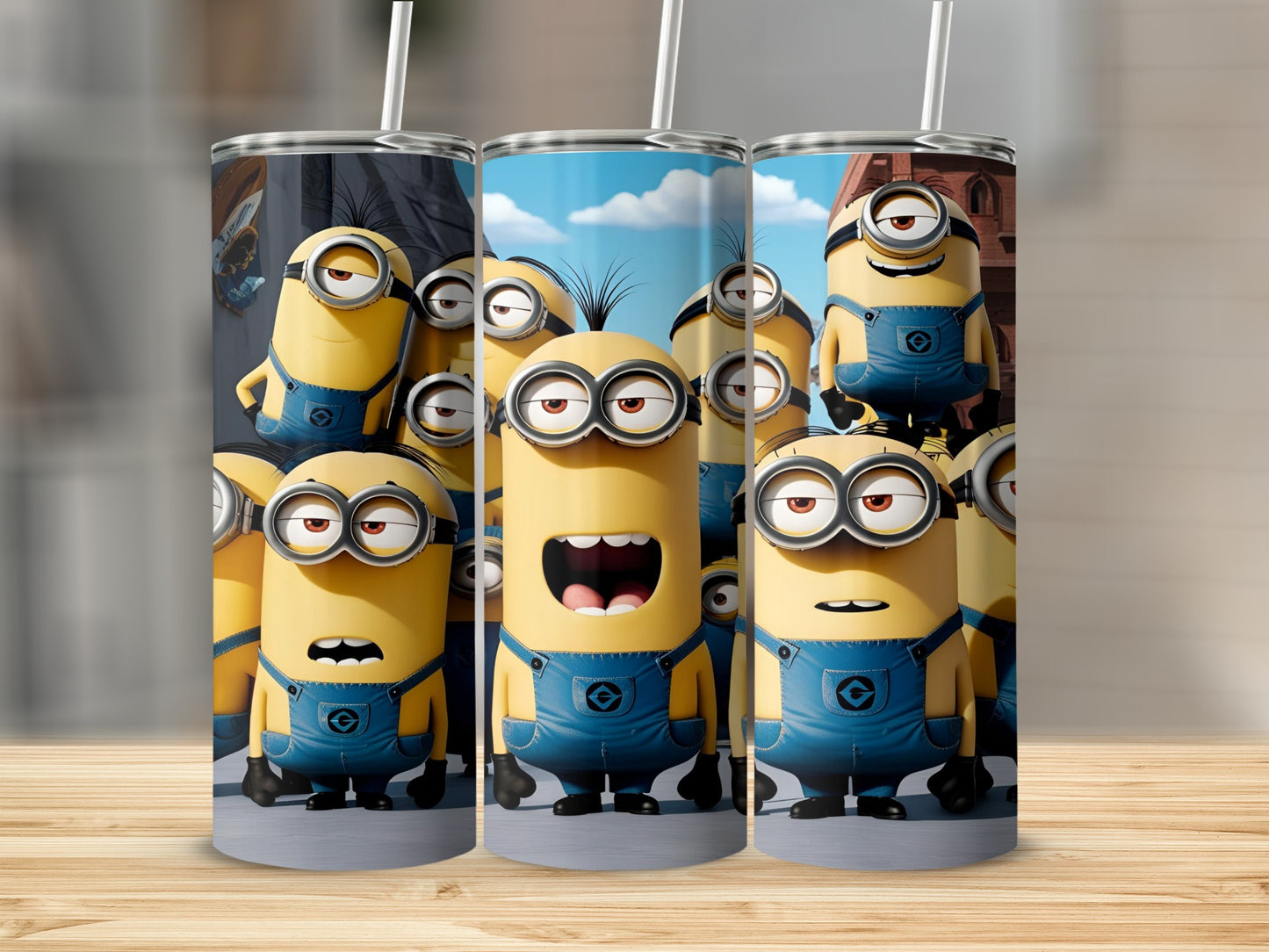 Minions in blue overalls with goggles, some laughing, on a tumbler.