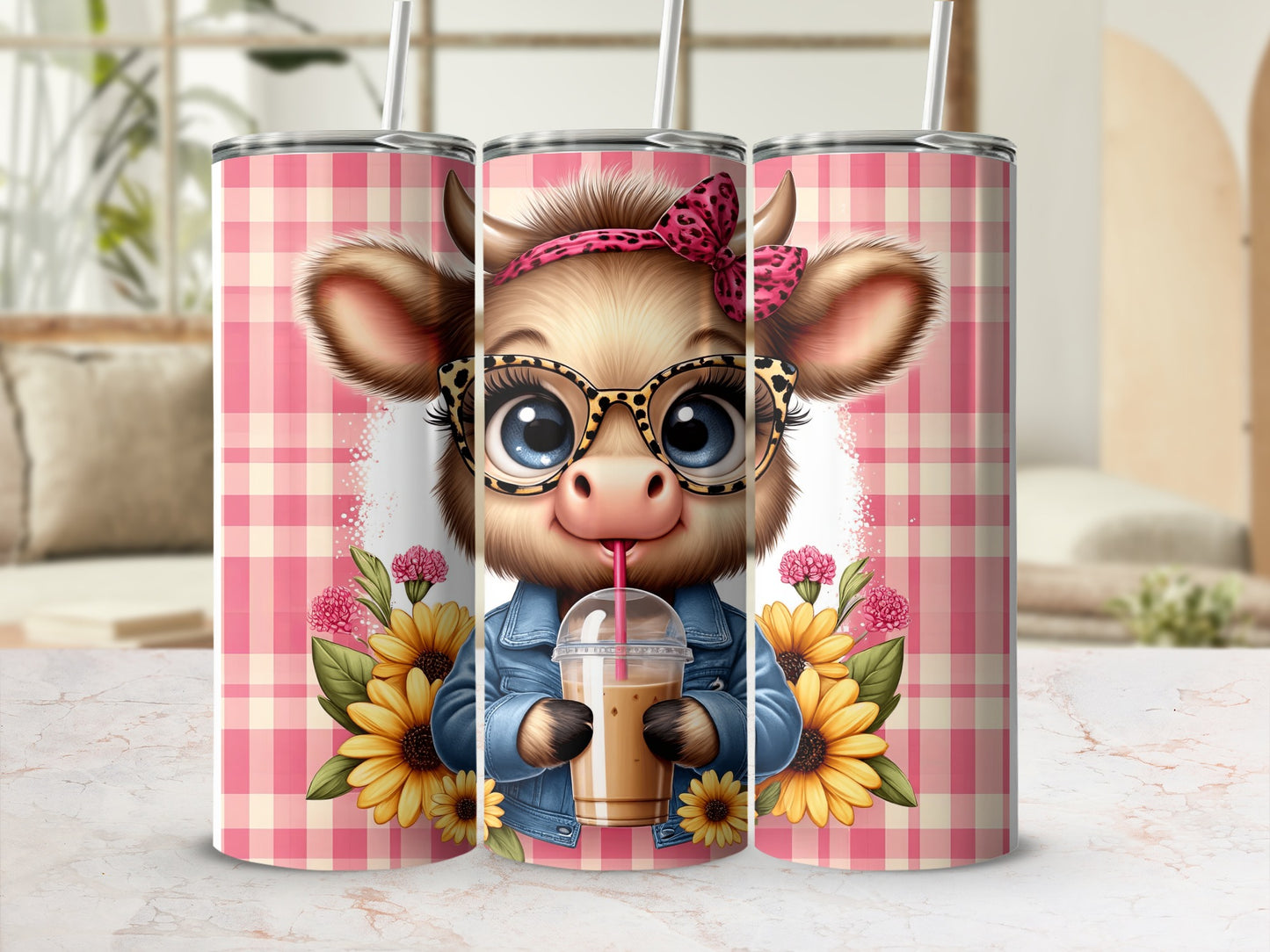 Cute cow with glasses holding a drink, surrounded by sunflowers.