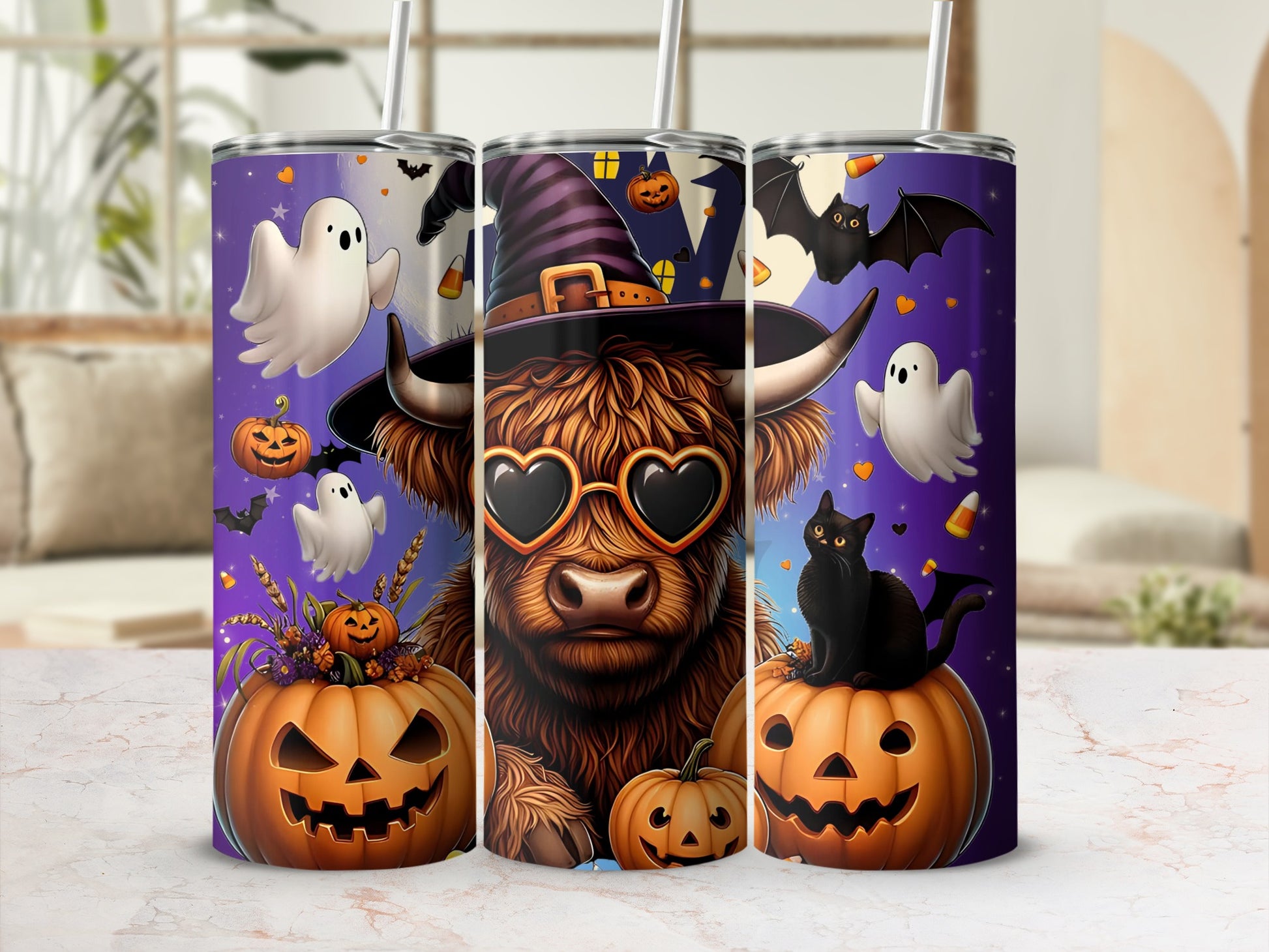 Cute Halloween Highland Cow Pumpkin Tumbler Cup