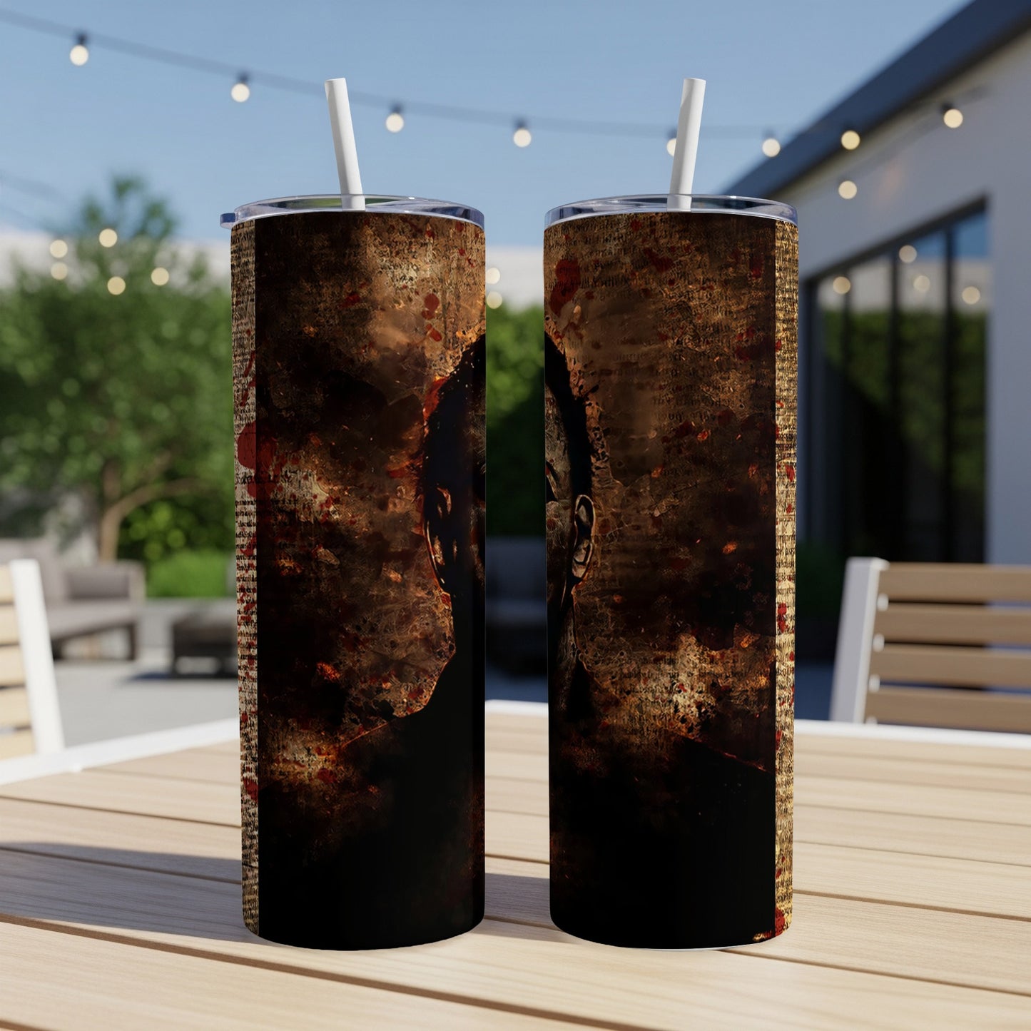 Tumbler featuring a dark, distressed portrait with text and blood splatters.