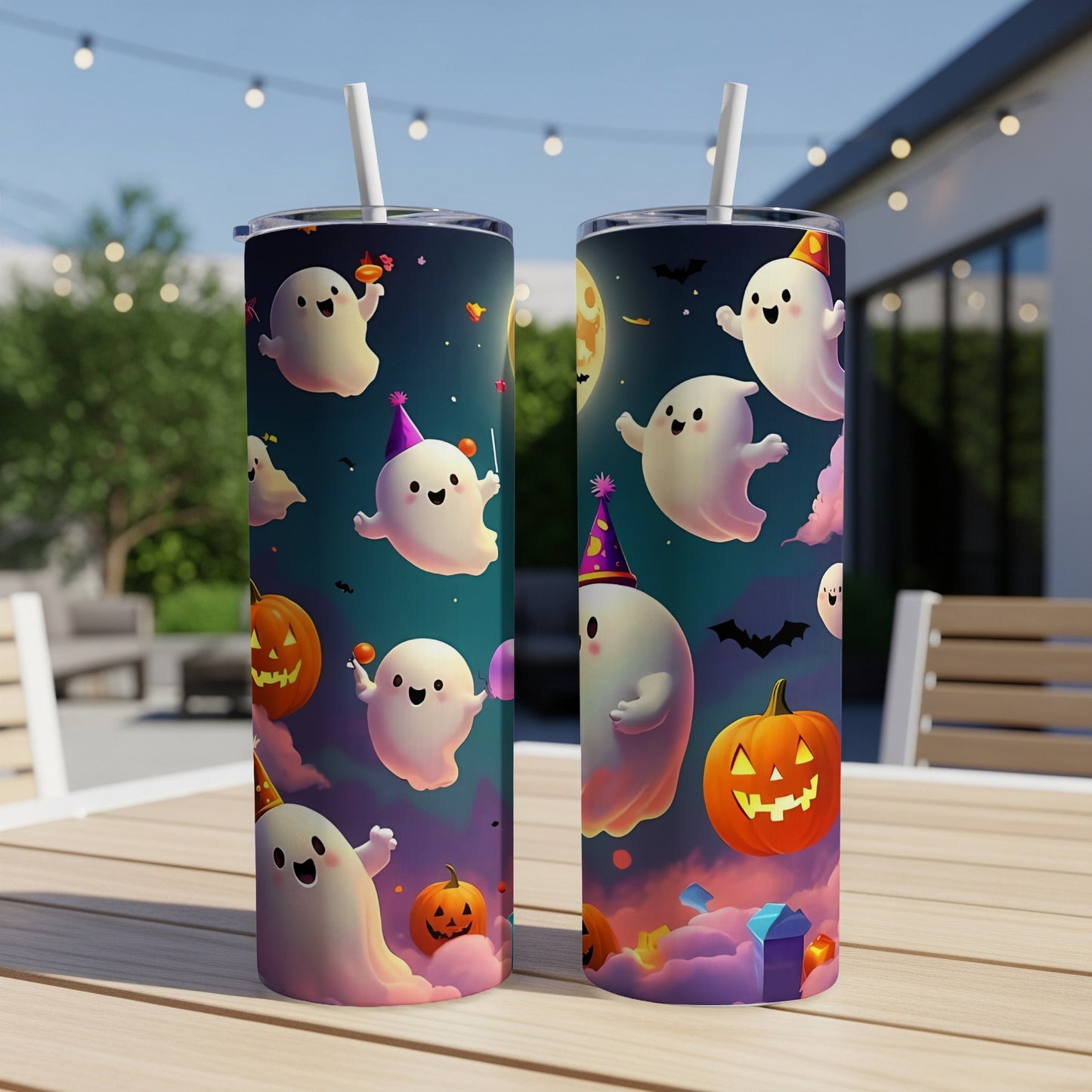 Two tumblers with Halloween ghosts, pumpkins, and bats on a dark starry background.