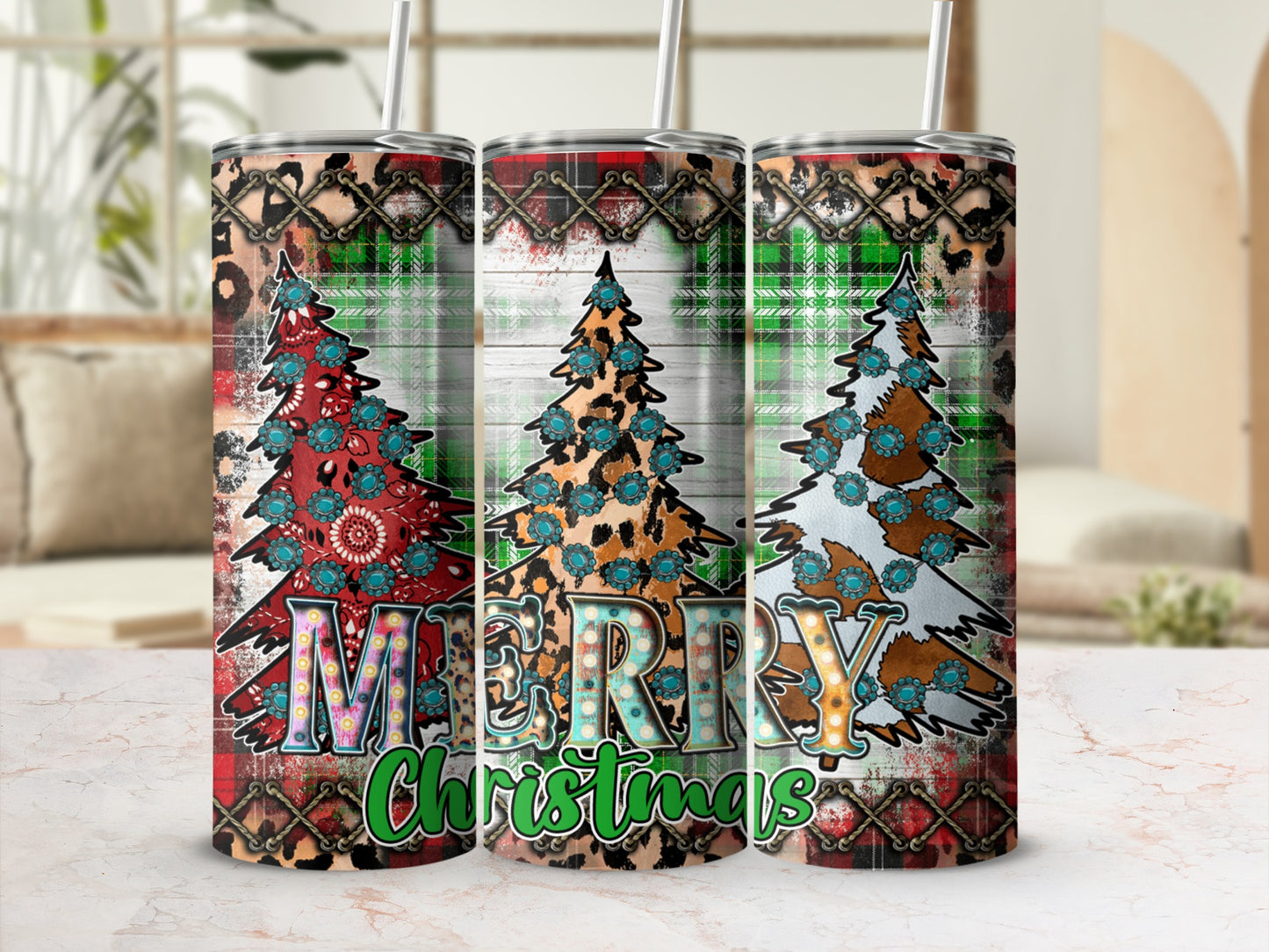 Three tumblers with Merry Christmas text and festive tree designs.