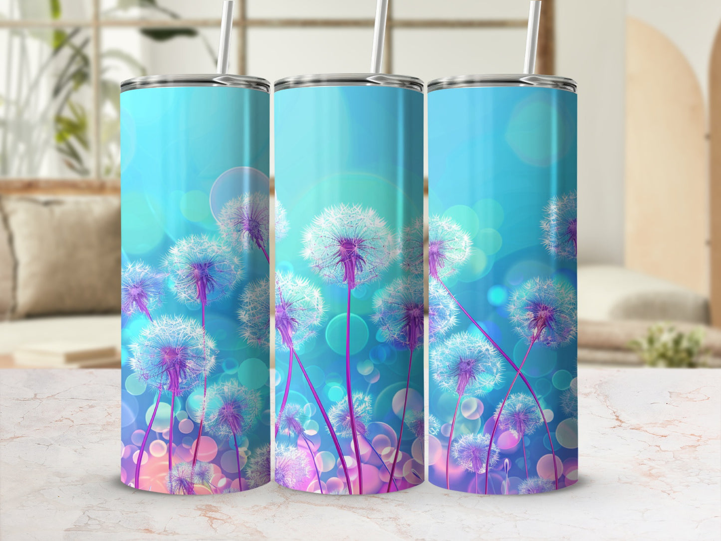 Three tumblers with a luminous dandelion and bokeh background.