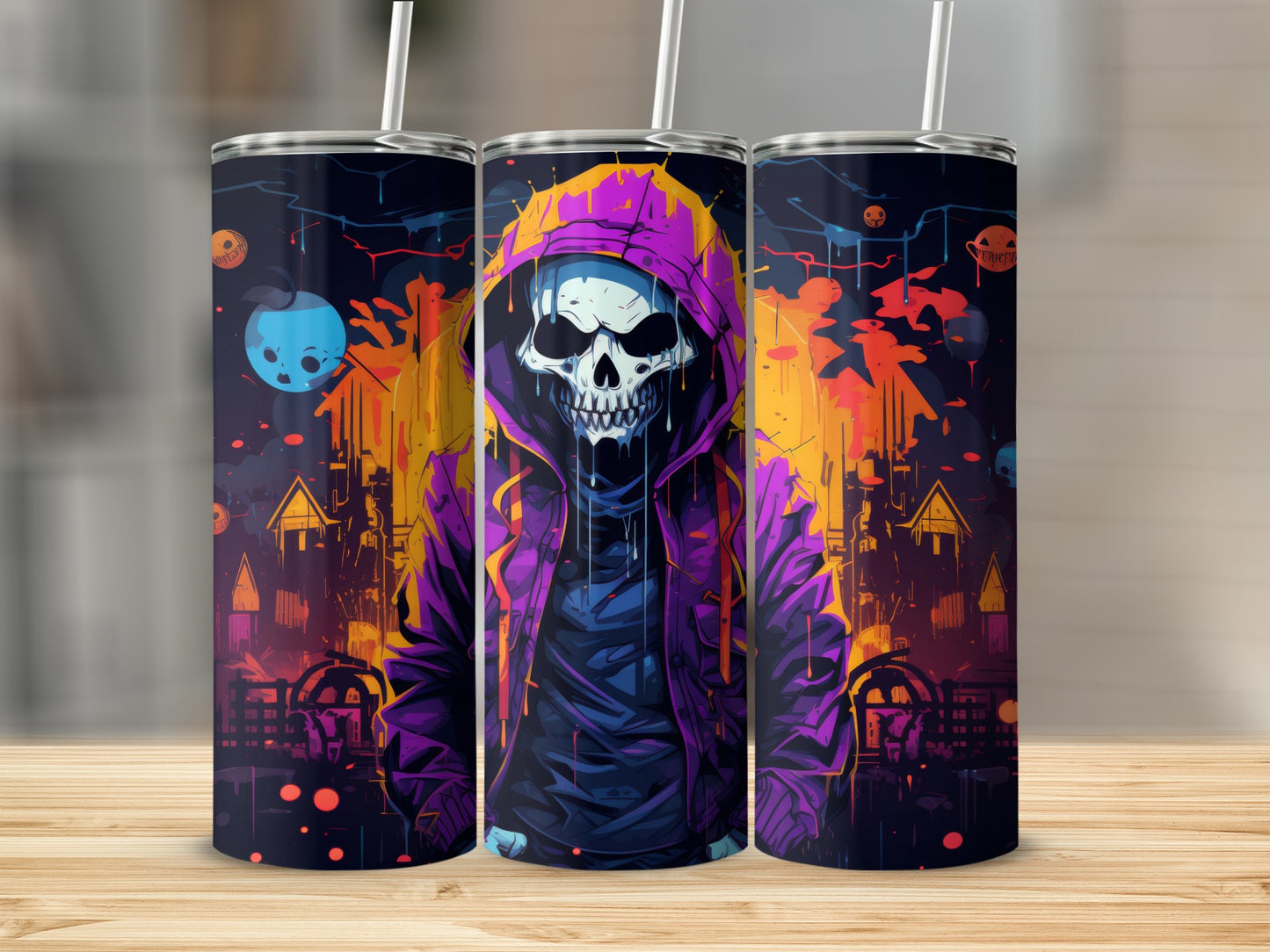 Three tumblers with a grim reaper skull in a purple hoodie against a cityscape.