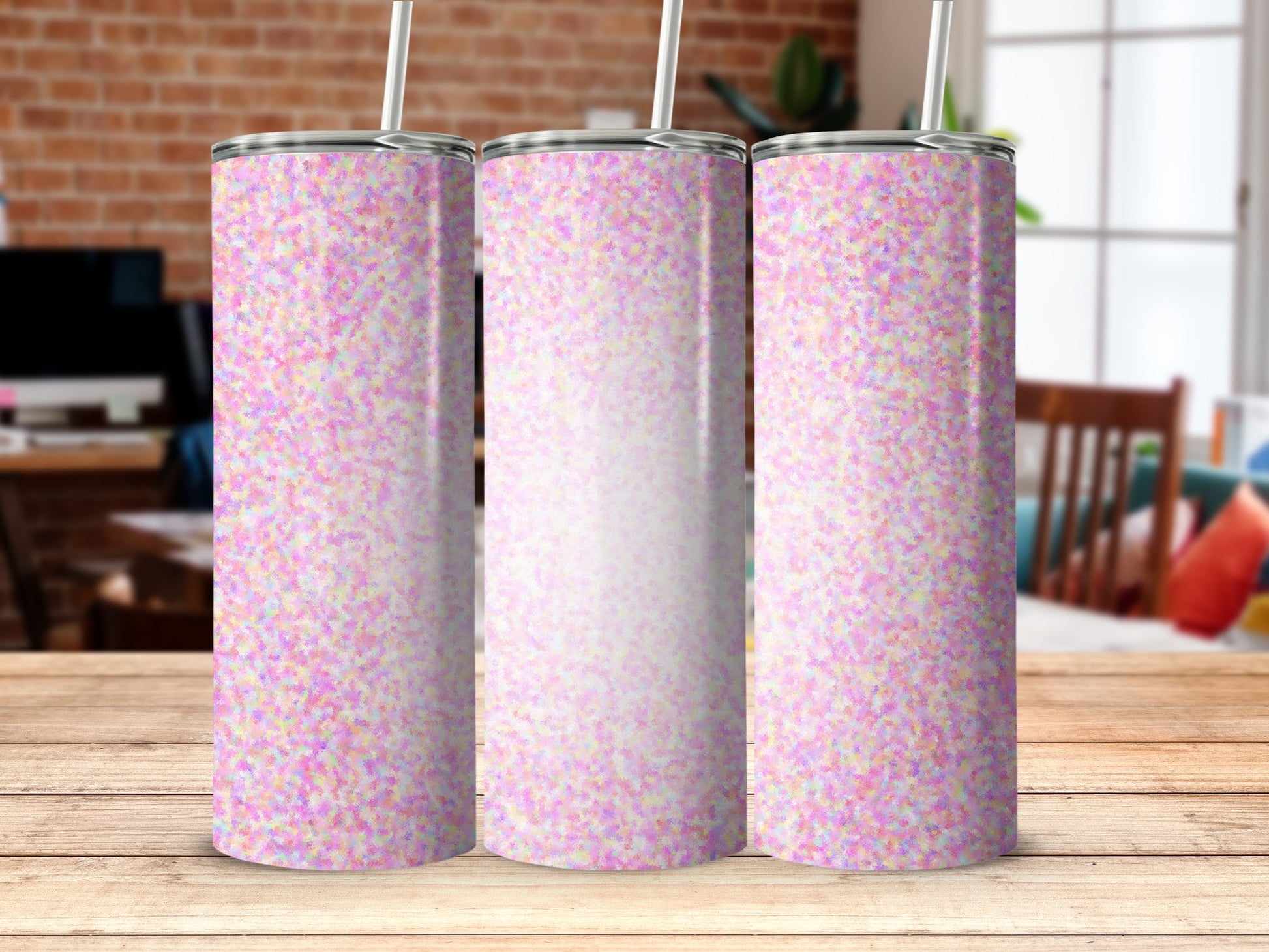 Colorful Purple Pink Pixelated Tumbler with Metal Straw