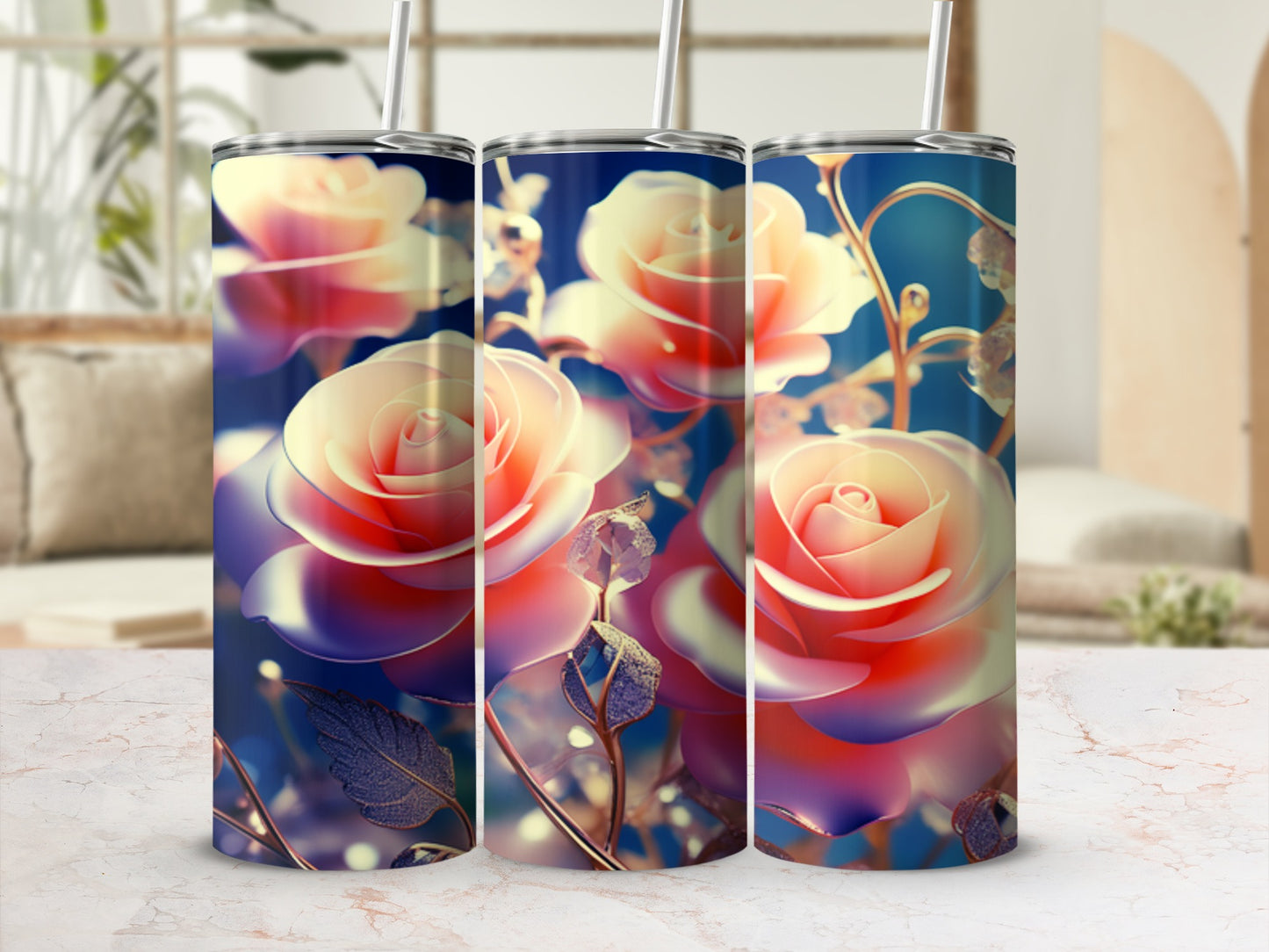 Tumbler with close-up, luminous pink and yellow roses on a dark blue background.