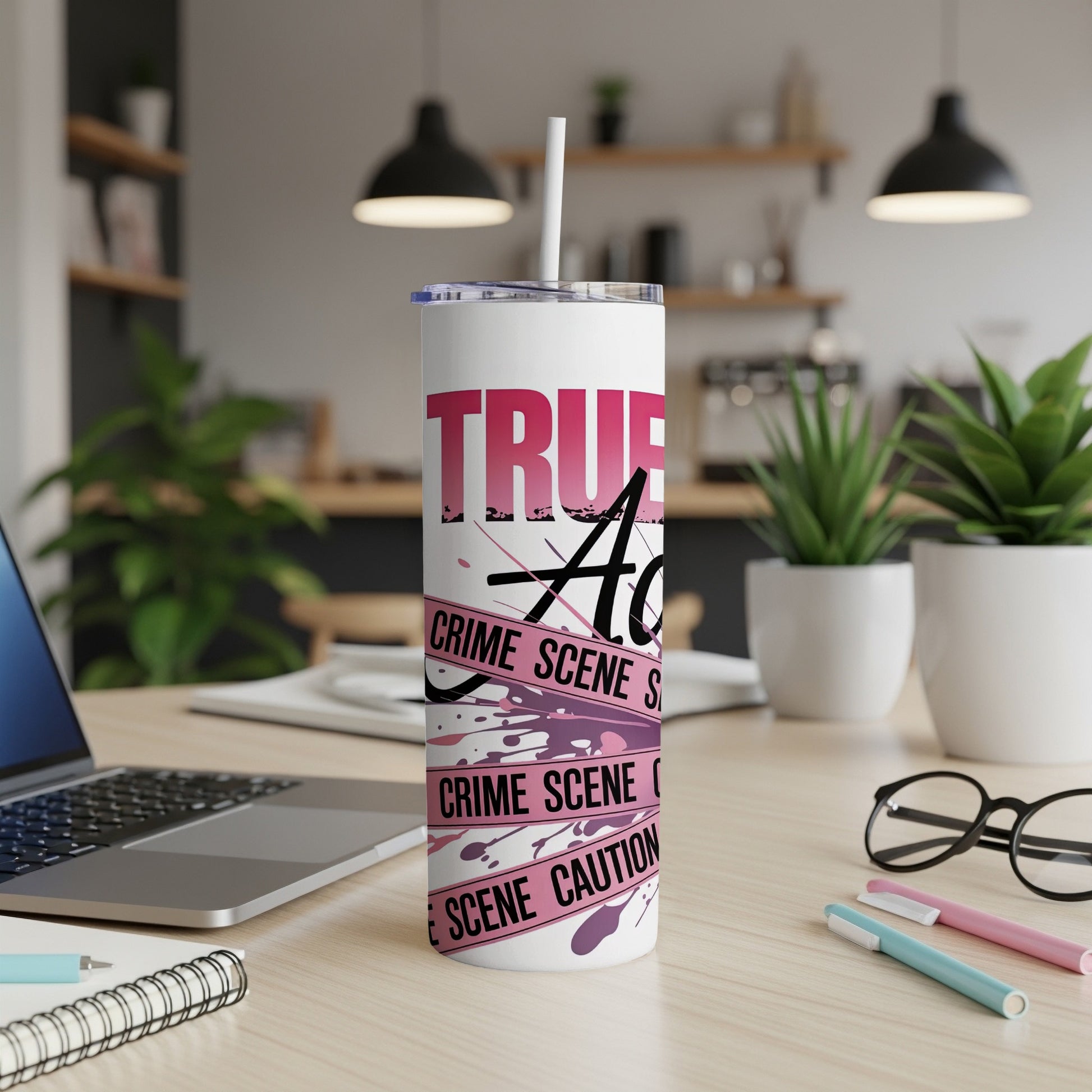 Tall tumbler with "True Ace" and pink crime scene tape design.