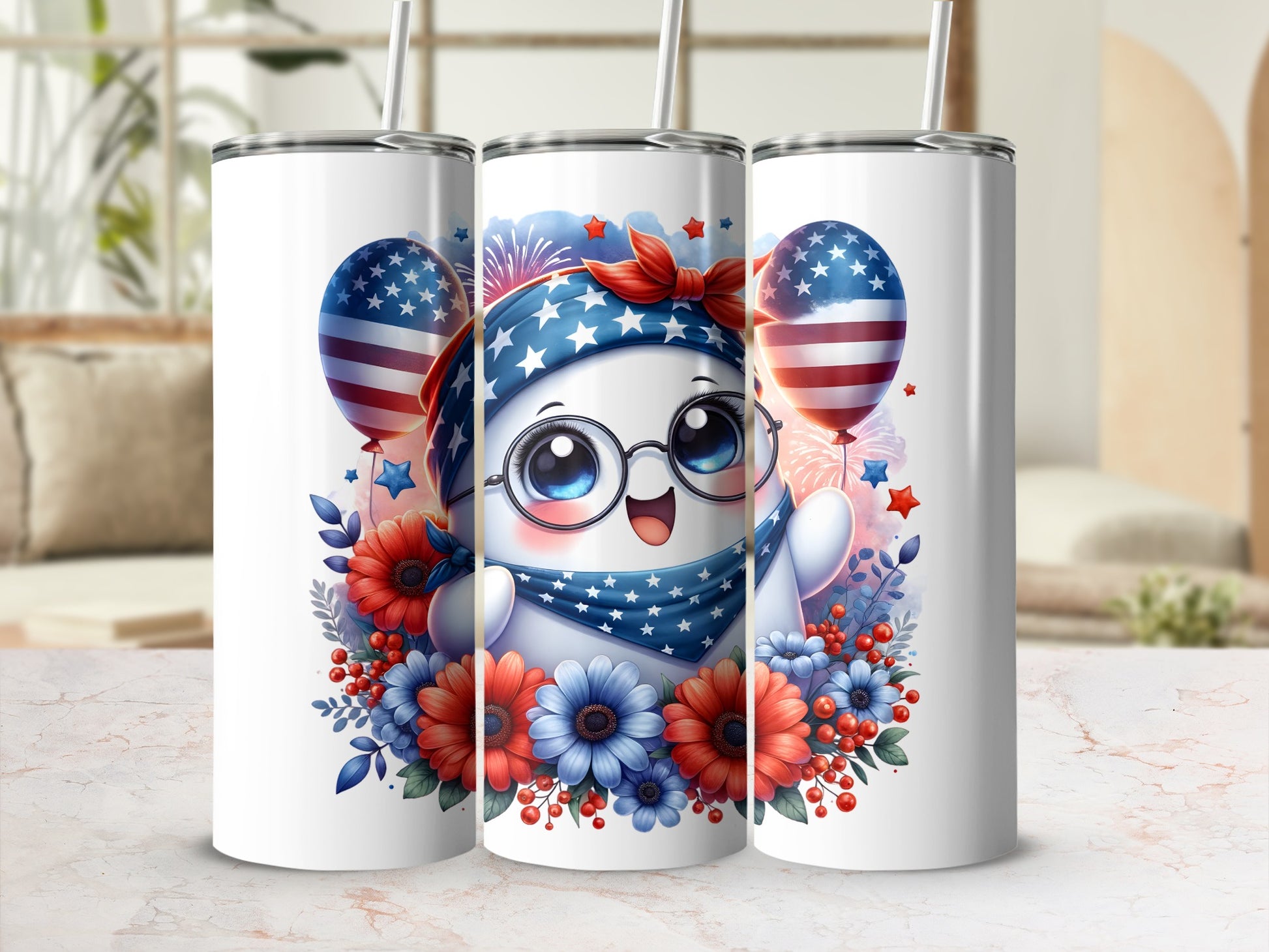 Cute ghost character with patriotic decorations and floral accents.