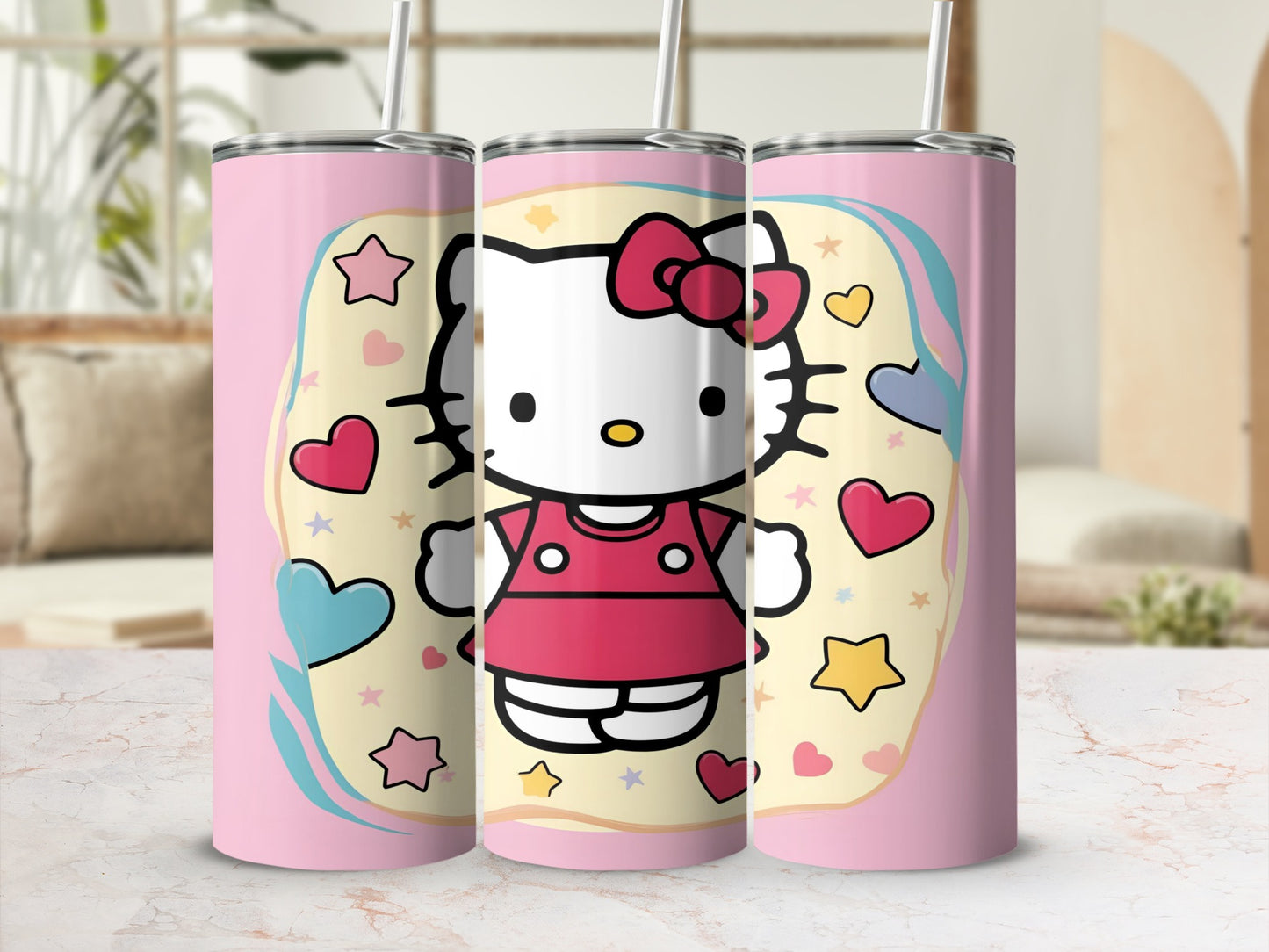 Hello Kitty in a pink dress with hearts and stars on a tumbler.