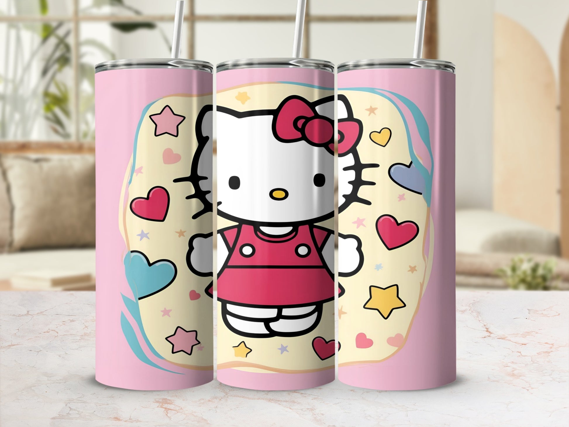 Hello Kitty in a pink dress with hearts and stars on a tumbler.