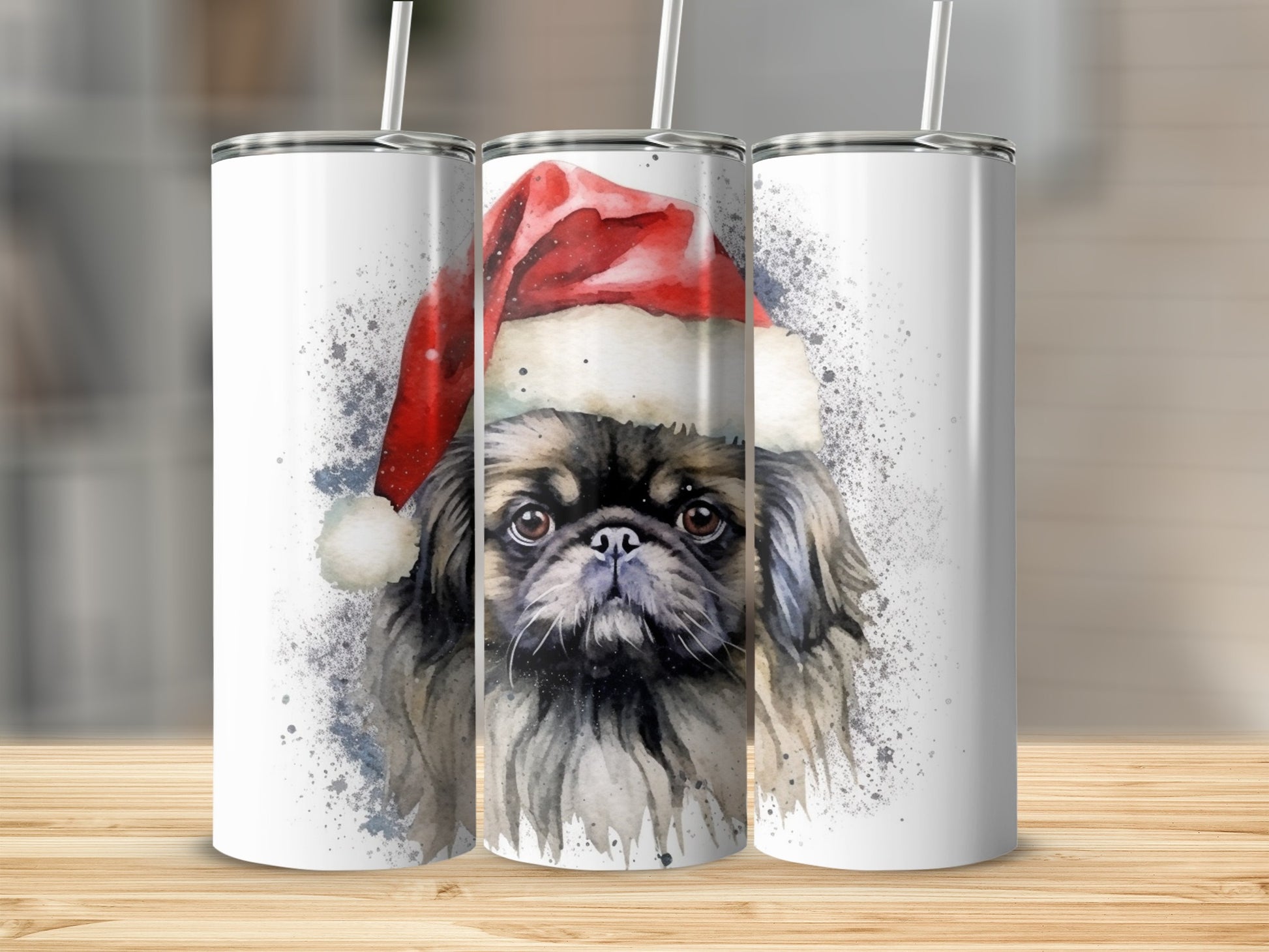 Three tumblers feature a watercolor painting of a Pekingese dog wearing a Santa hat.