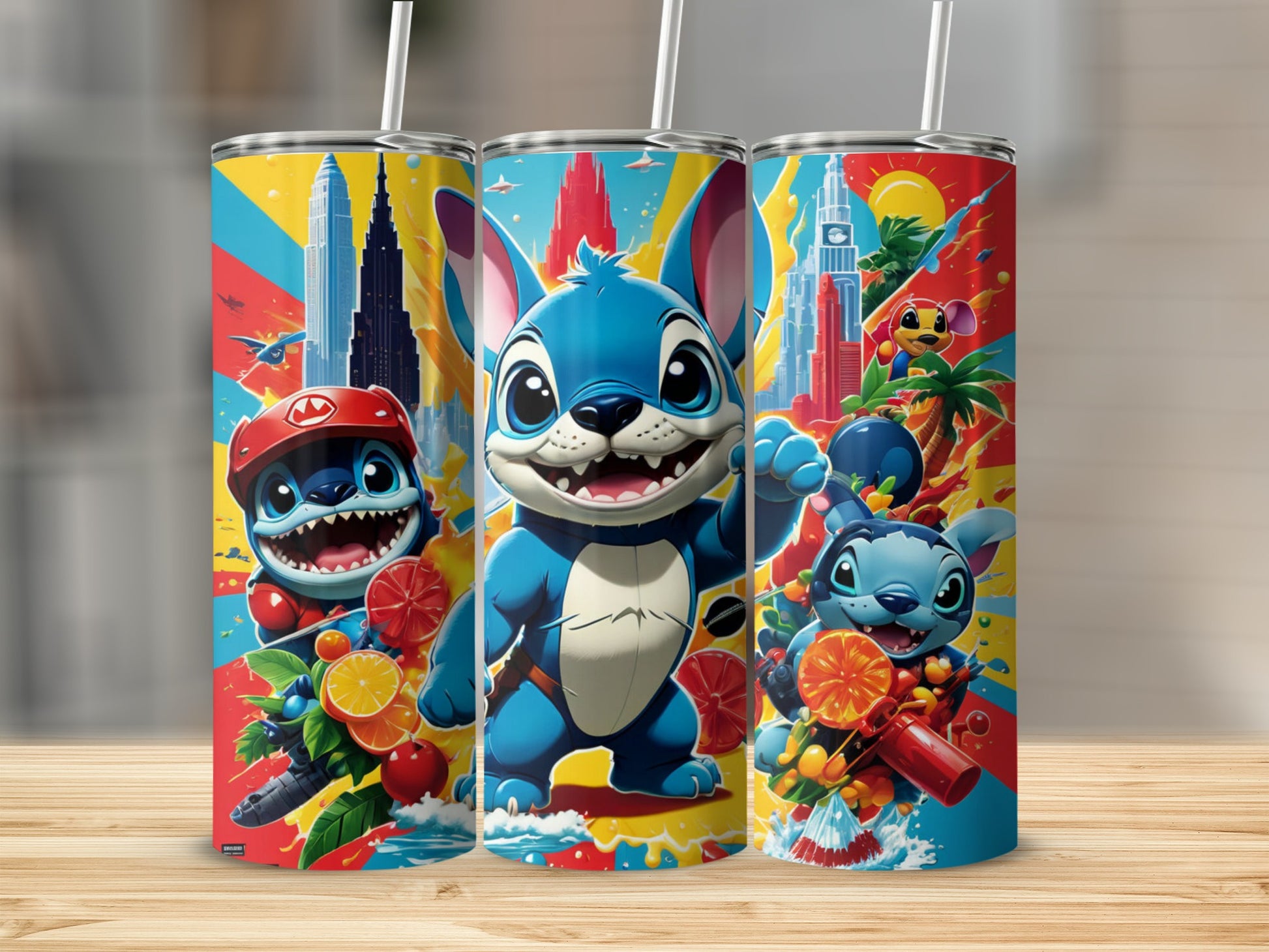 Three Stitch character tumblers with colorful backgrounds featuring fruit and cityscapes.