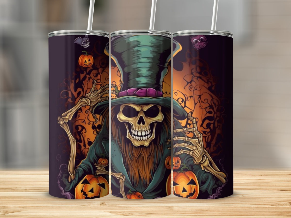 Three Halloween-themed tumblers featuring a skeleton in a top hat with pumpkins.