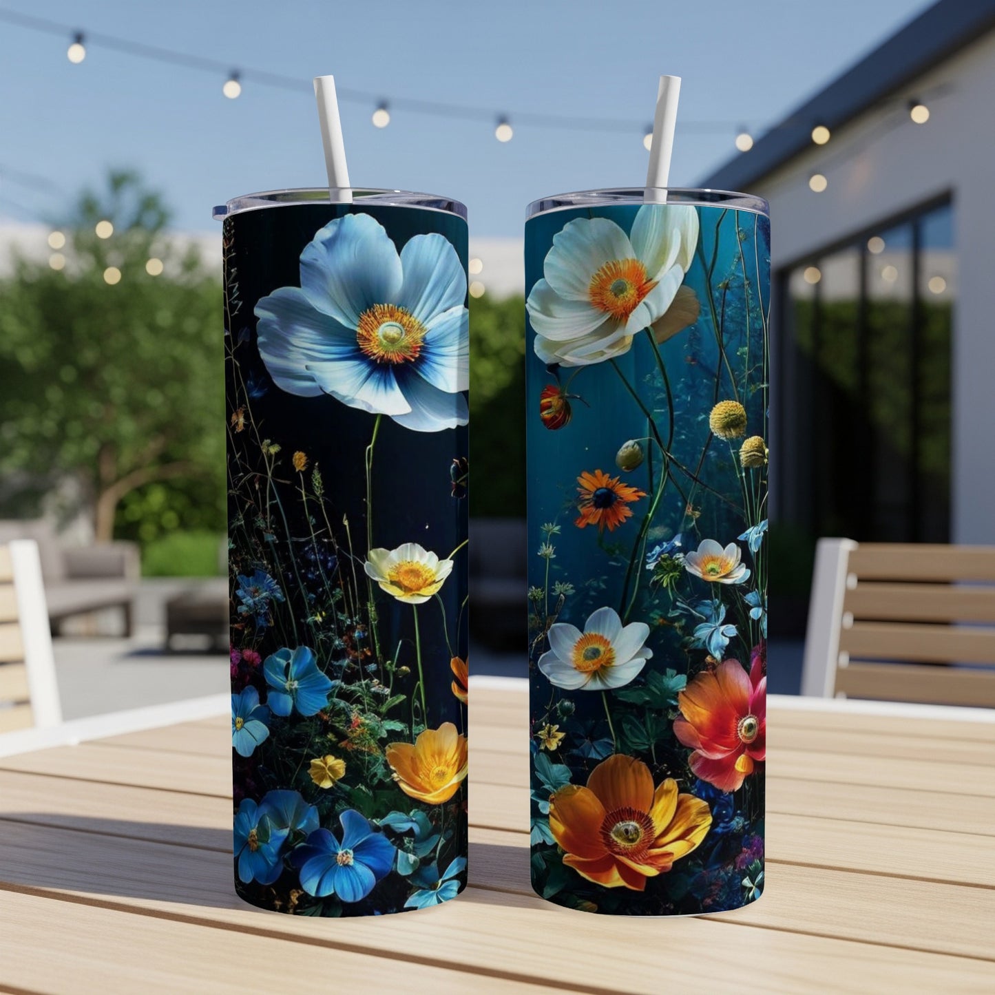Two tumblers with colorful floral illustrations sit on a table.