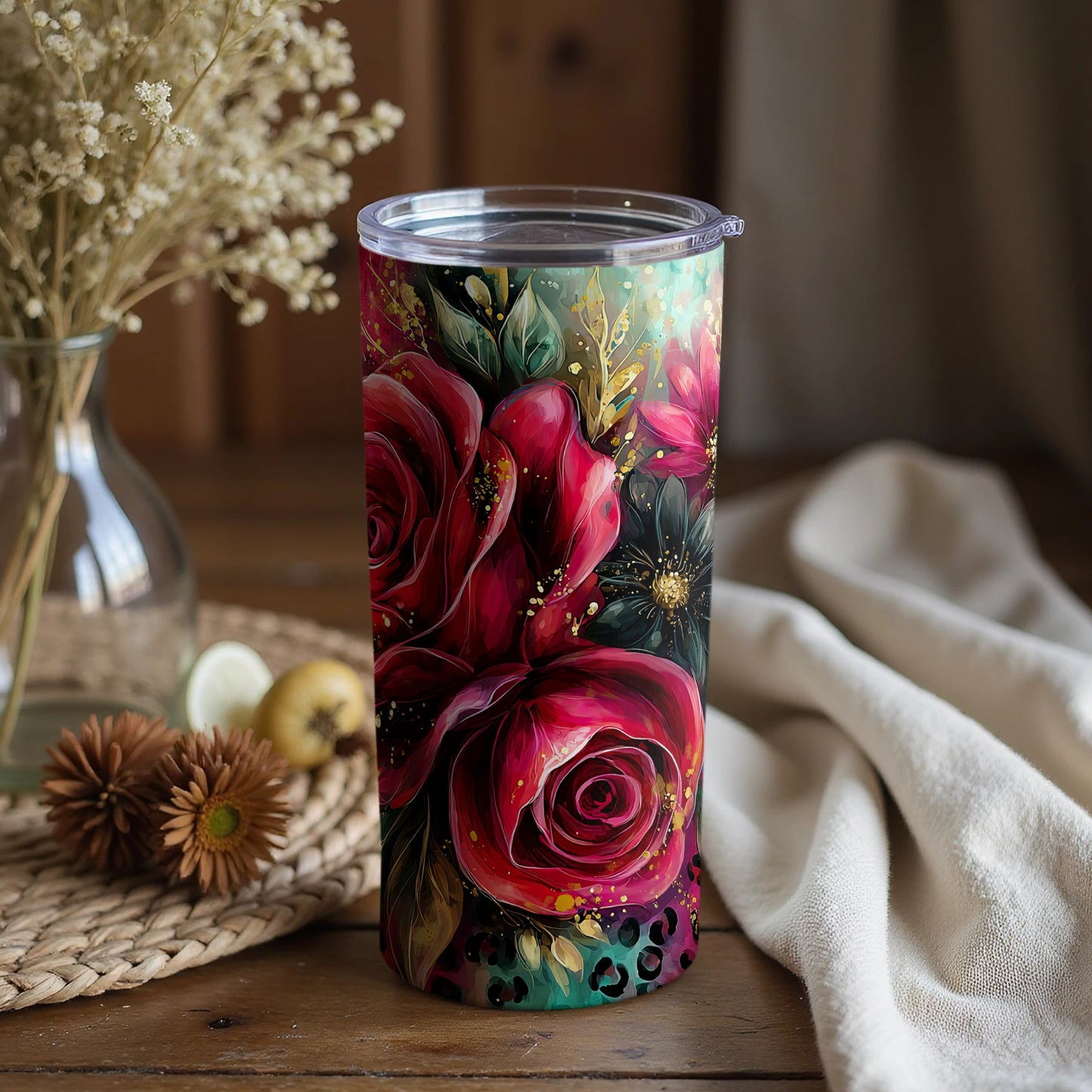 Vibrant Floral Art Tumbler With Bold Red Rose Design