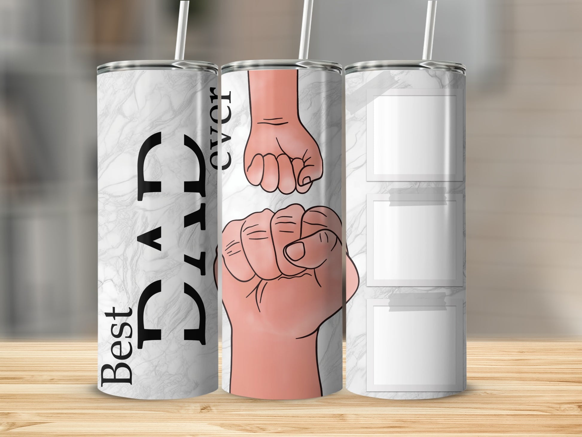 Best Dad Ever tumbler with marble pattern and fist artwork.