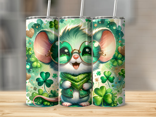 Cute cartoon mouse with green glasses and scarf, surrounded by shamrocks and glitter.