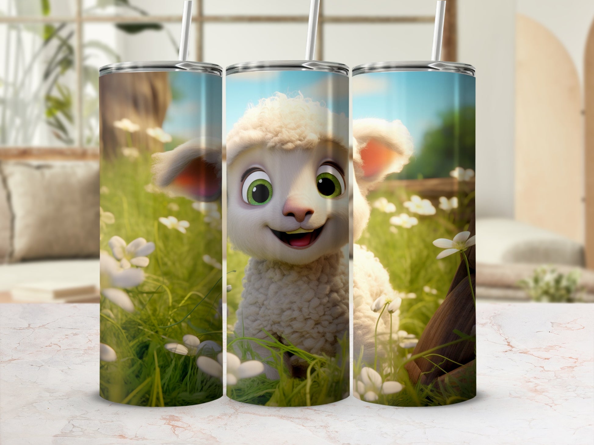 Cute Animated Lamb in Meadow Tall Drink Tumbler