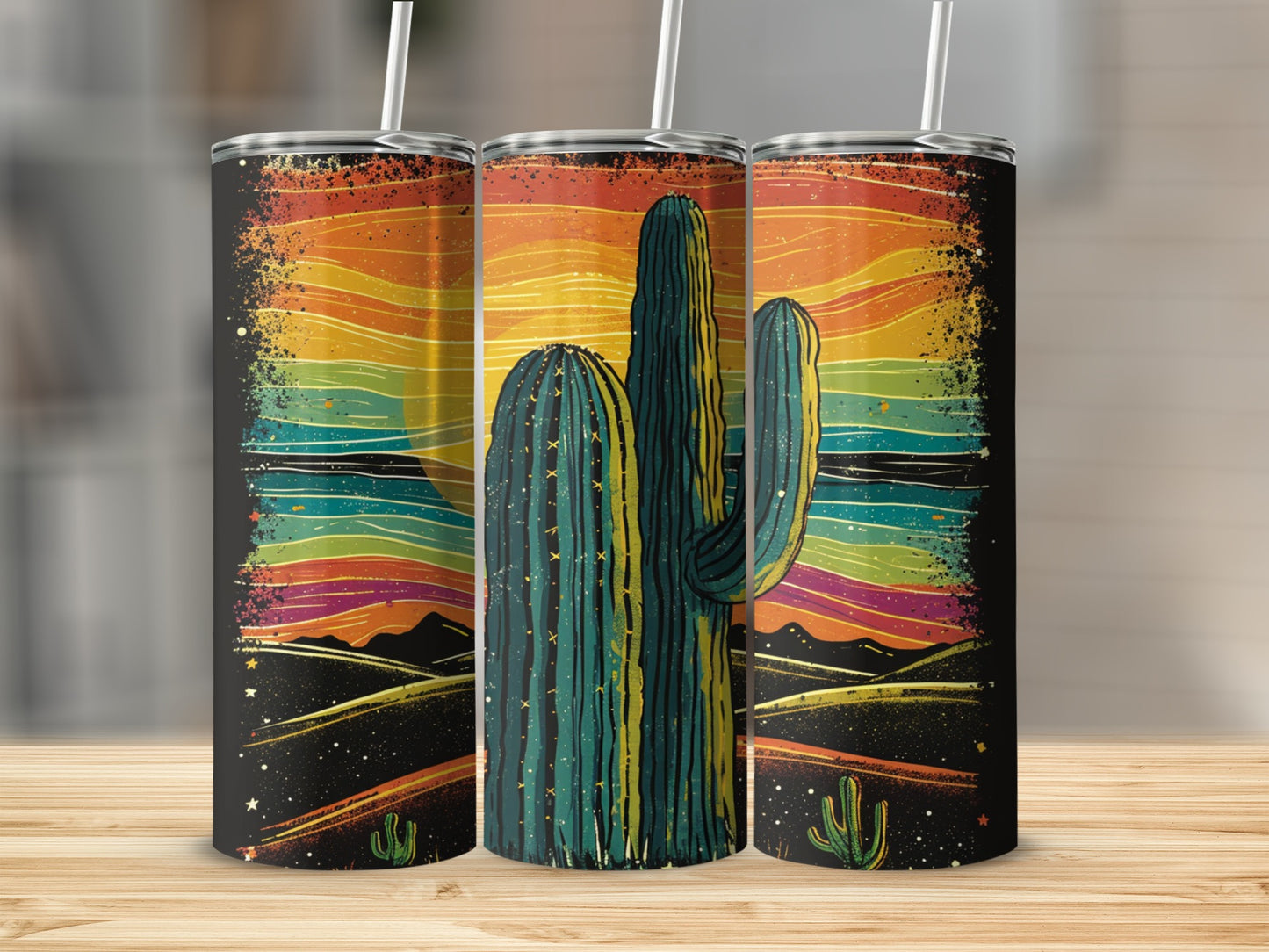 Tall saguaro cactus against a vibrant rainbow sunset landscape.