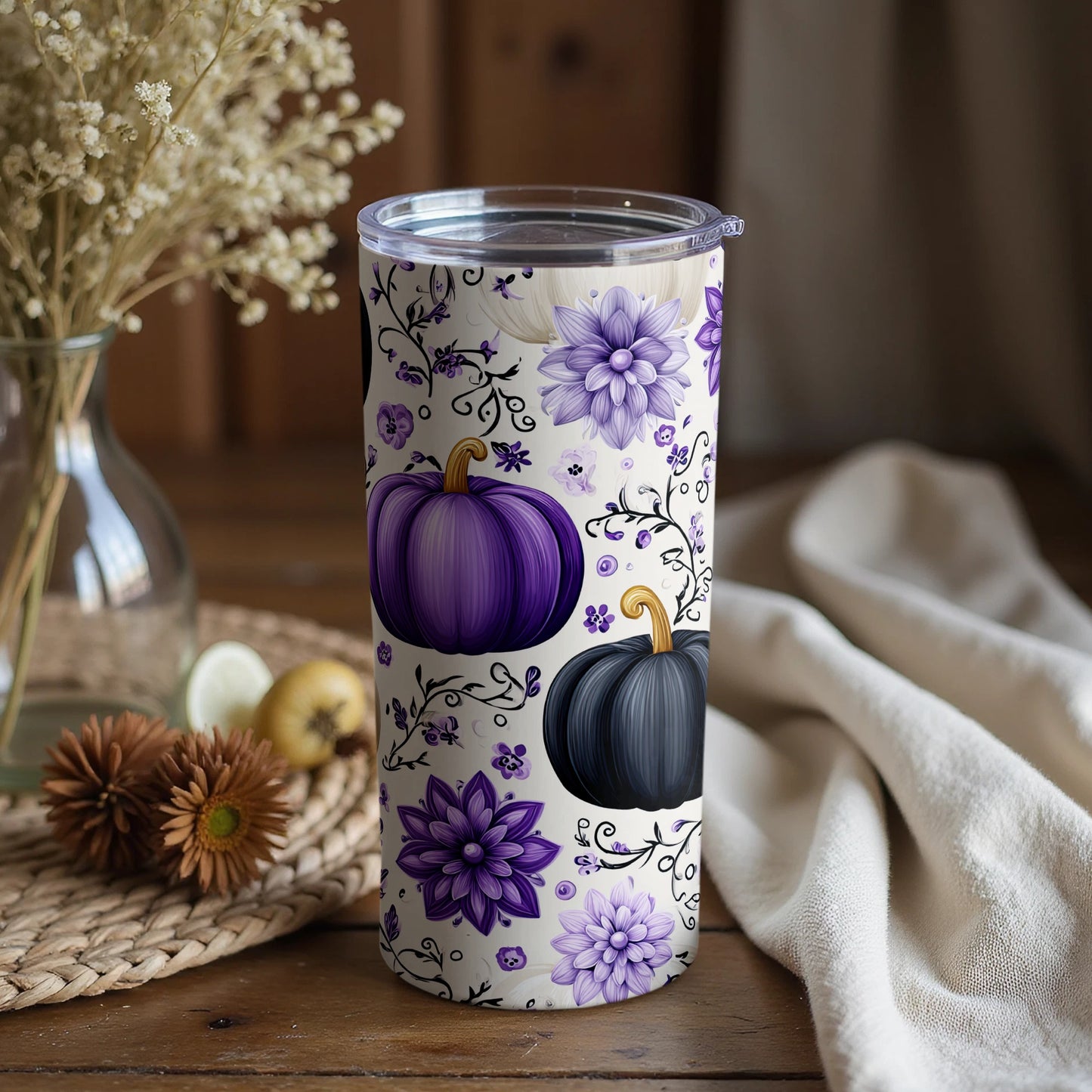 Fall Floral and Pumpkin Themed Tumbler Cup