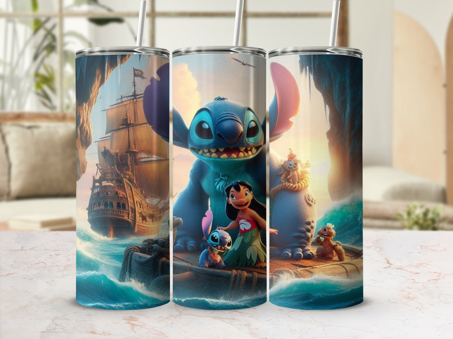 Cute Stitch and Lilo Adventure Scene Tumbler Cup