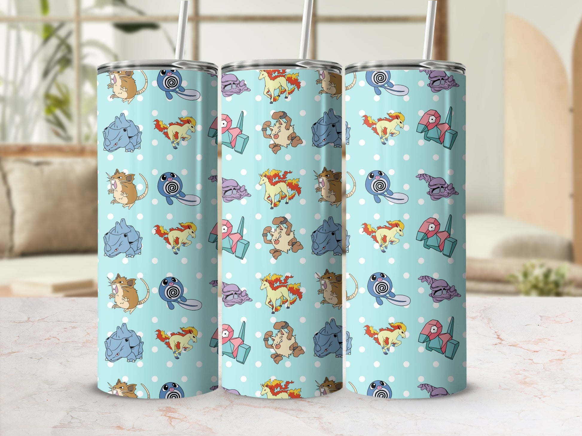 Adorable Cartoon Characters on Light Blue Tall Tumbler