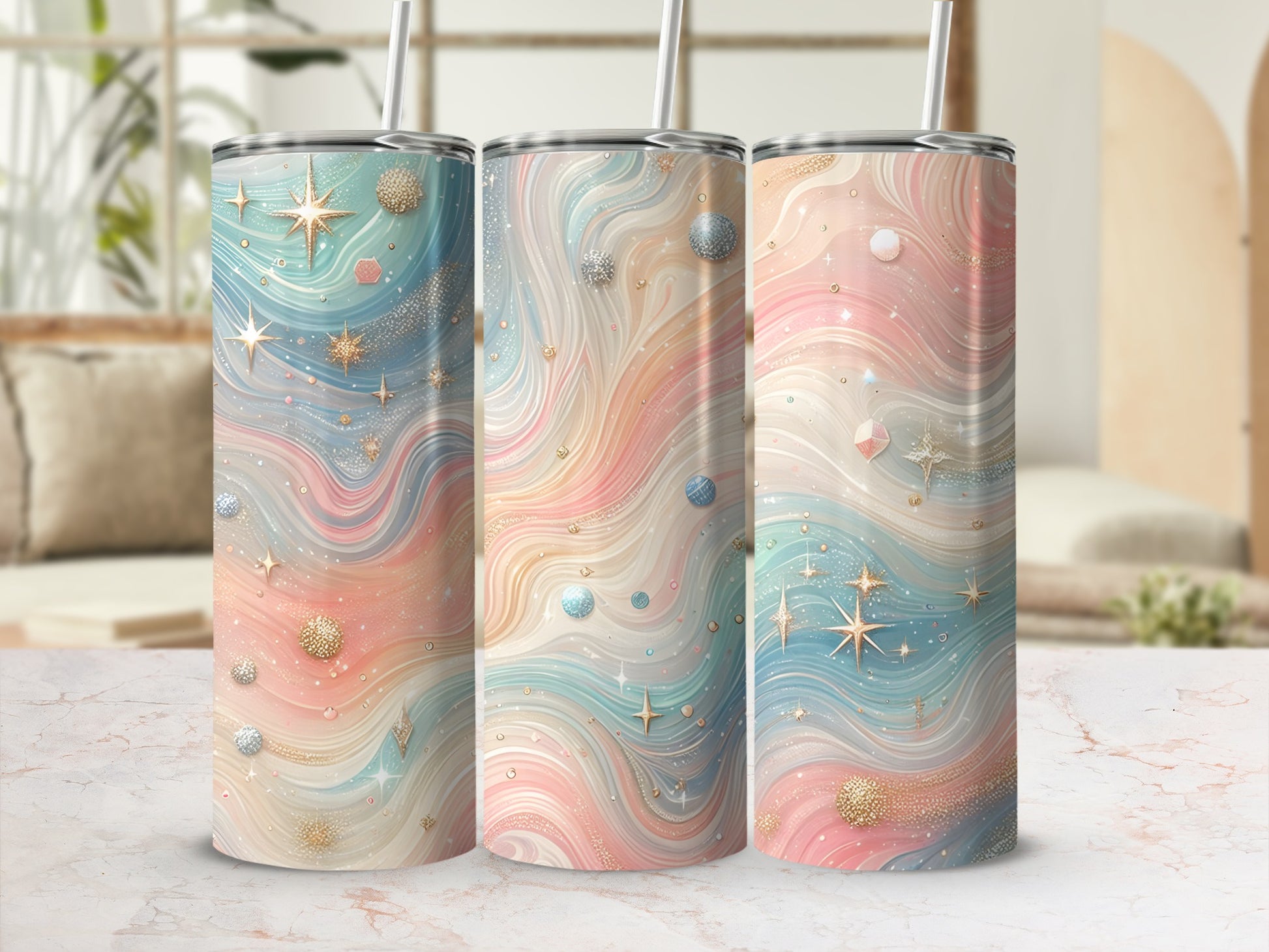 Three abstract tumblers with swirling pastel colors and star accents.