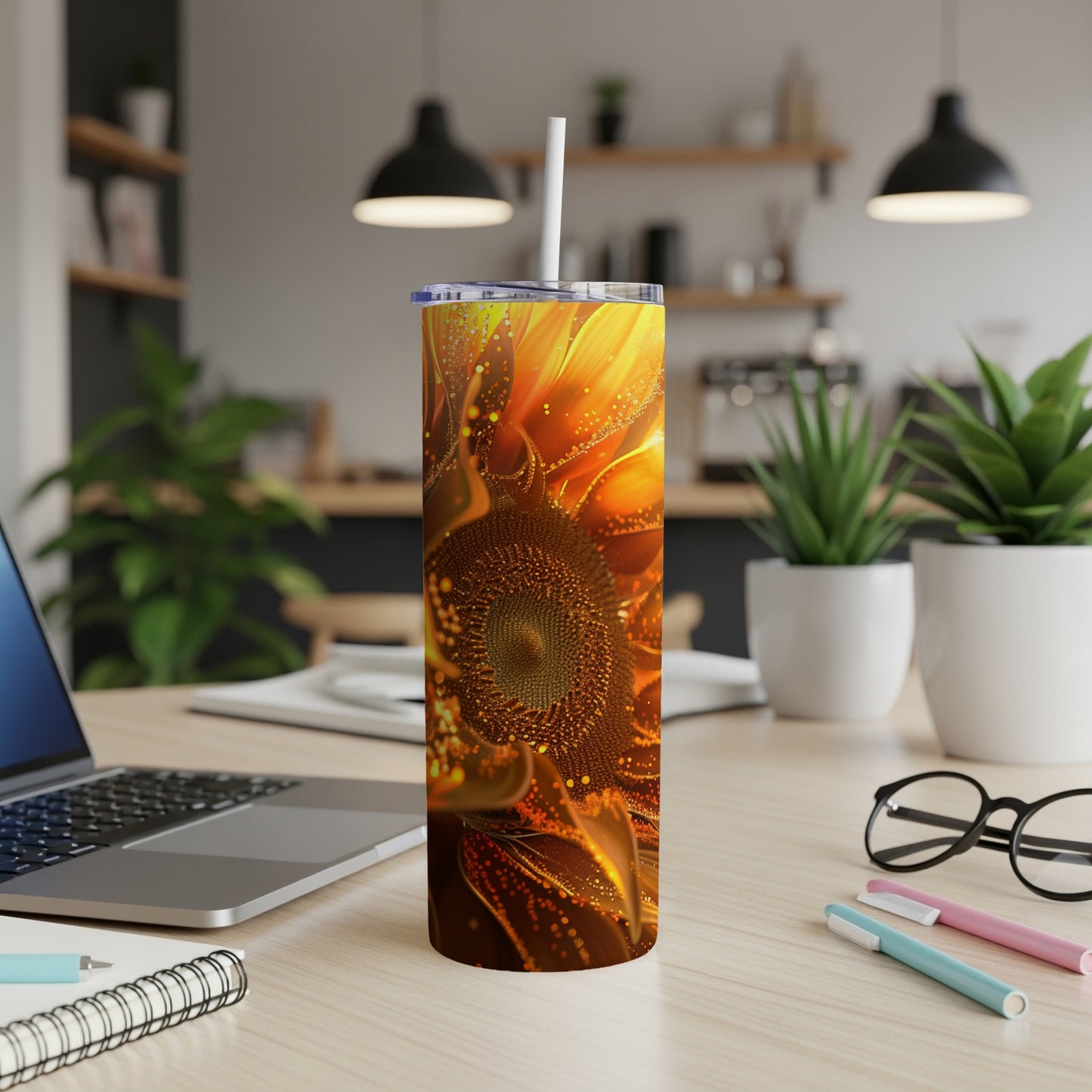 Tall tumbler featuring a close-up of a sunflower with bubbly accents.
