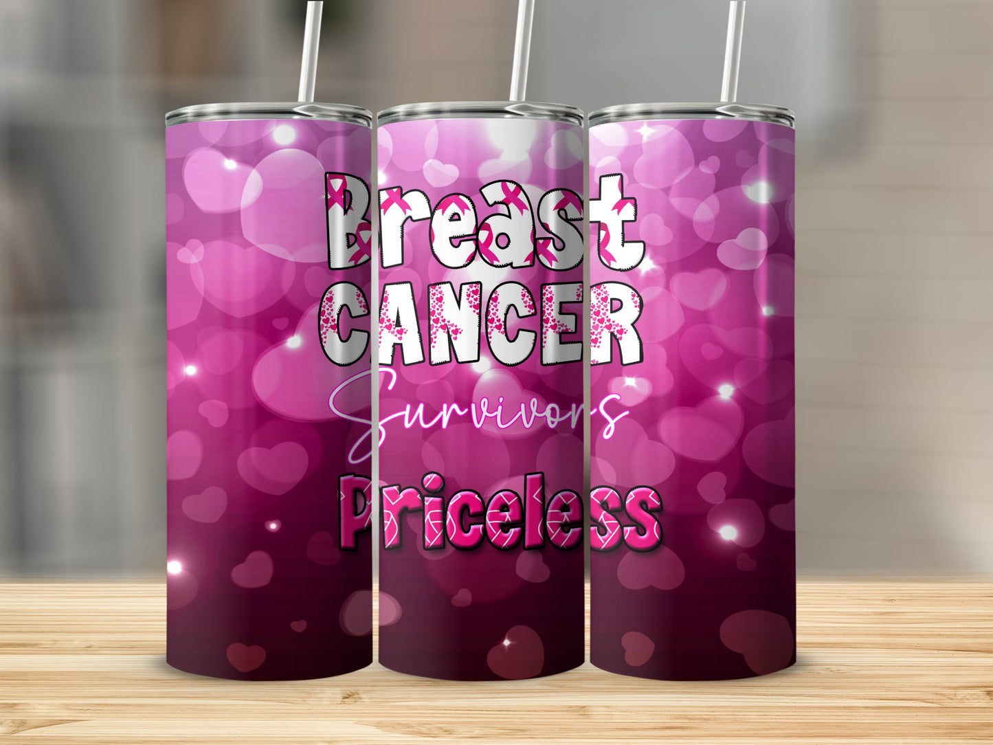 Pink breast cancer survivor tumbler with bokeh background and text.