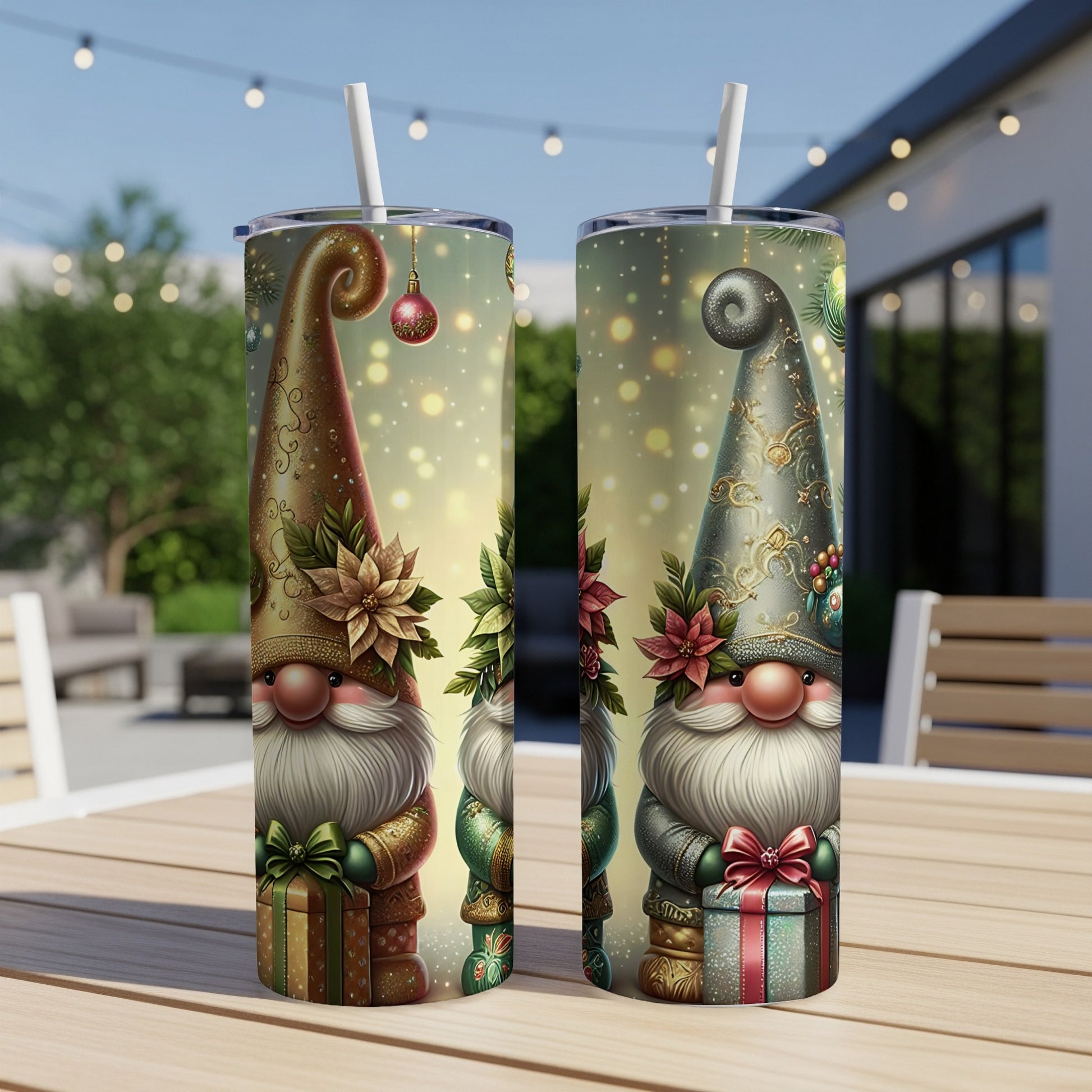 Two festive Christmas gnomes with gifts and poinsettias on tumblers.