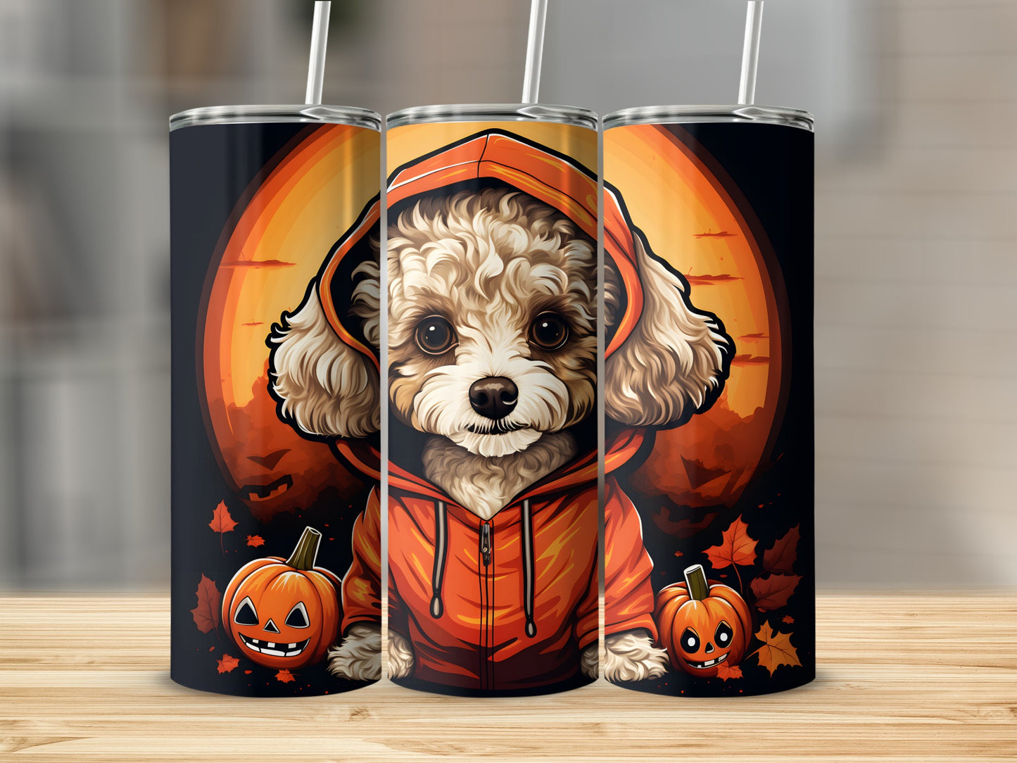 Three tumblers featuring a dog in an orange hoodie with pumpkins and fall leaves.