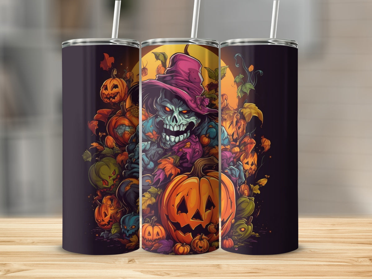 Halloween tumbler with a zombie, pumpkins, and autumn leaves design.