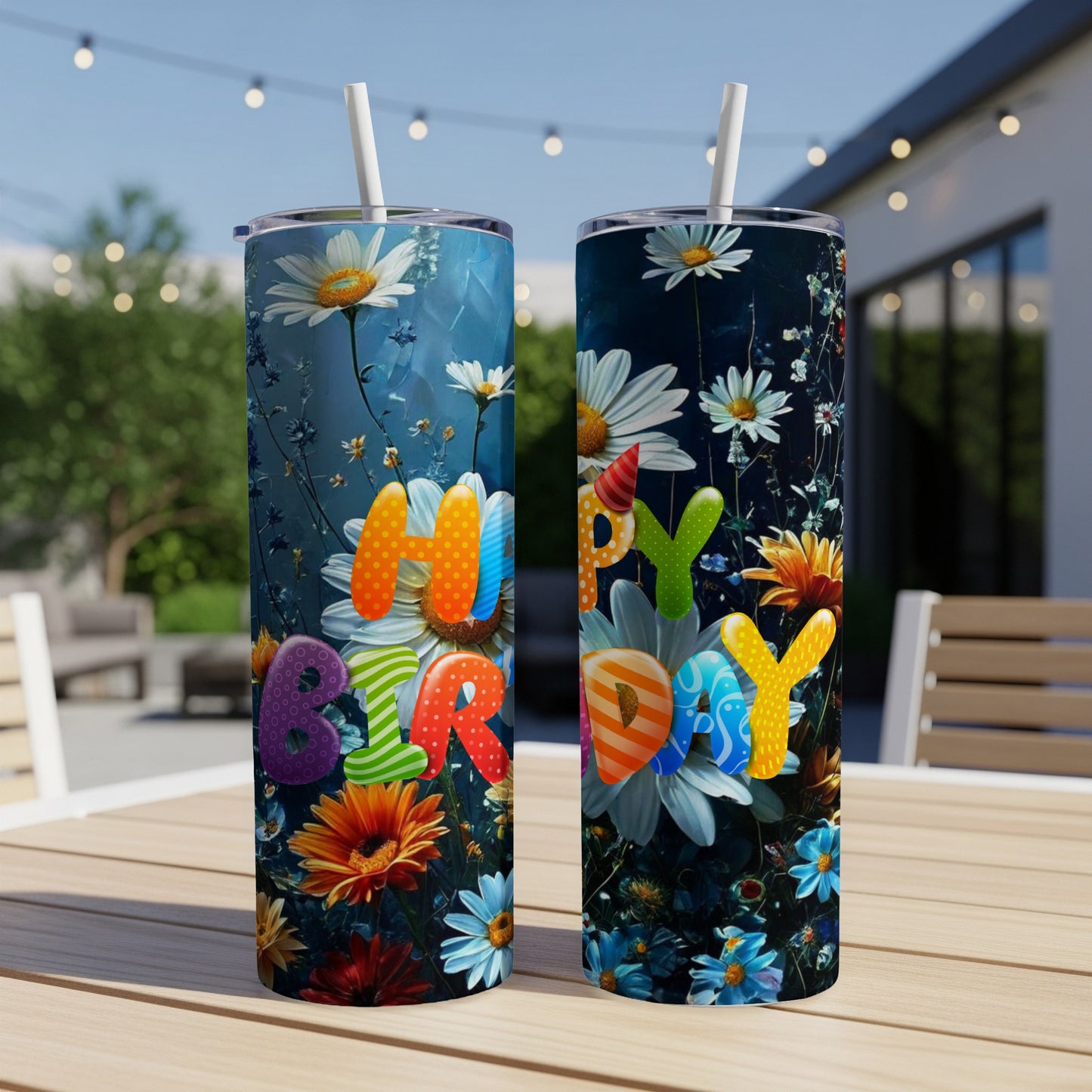 Two colorful tumblers with "HAPPY" and "BIRTHDAY" text surrounded by wildflowers.