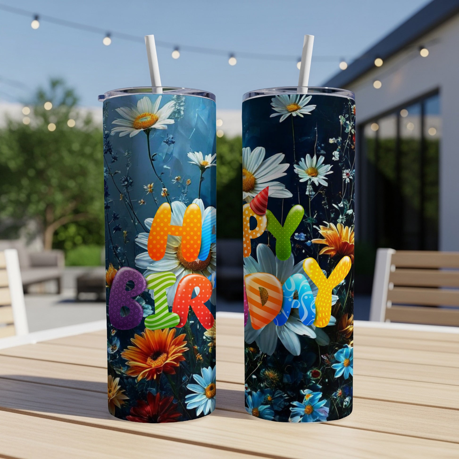 Two colorful tumblers with "HAPPY" and "BIRTHDAY" text surrounded by wildflowers.