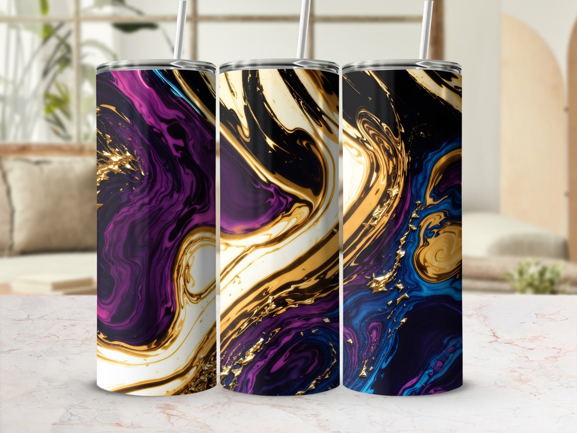 Three tumblers with purple, gold, and blue marbled design.