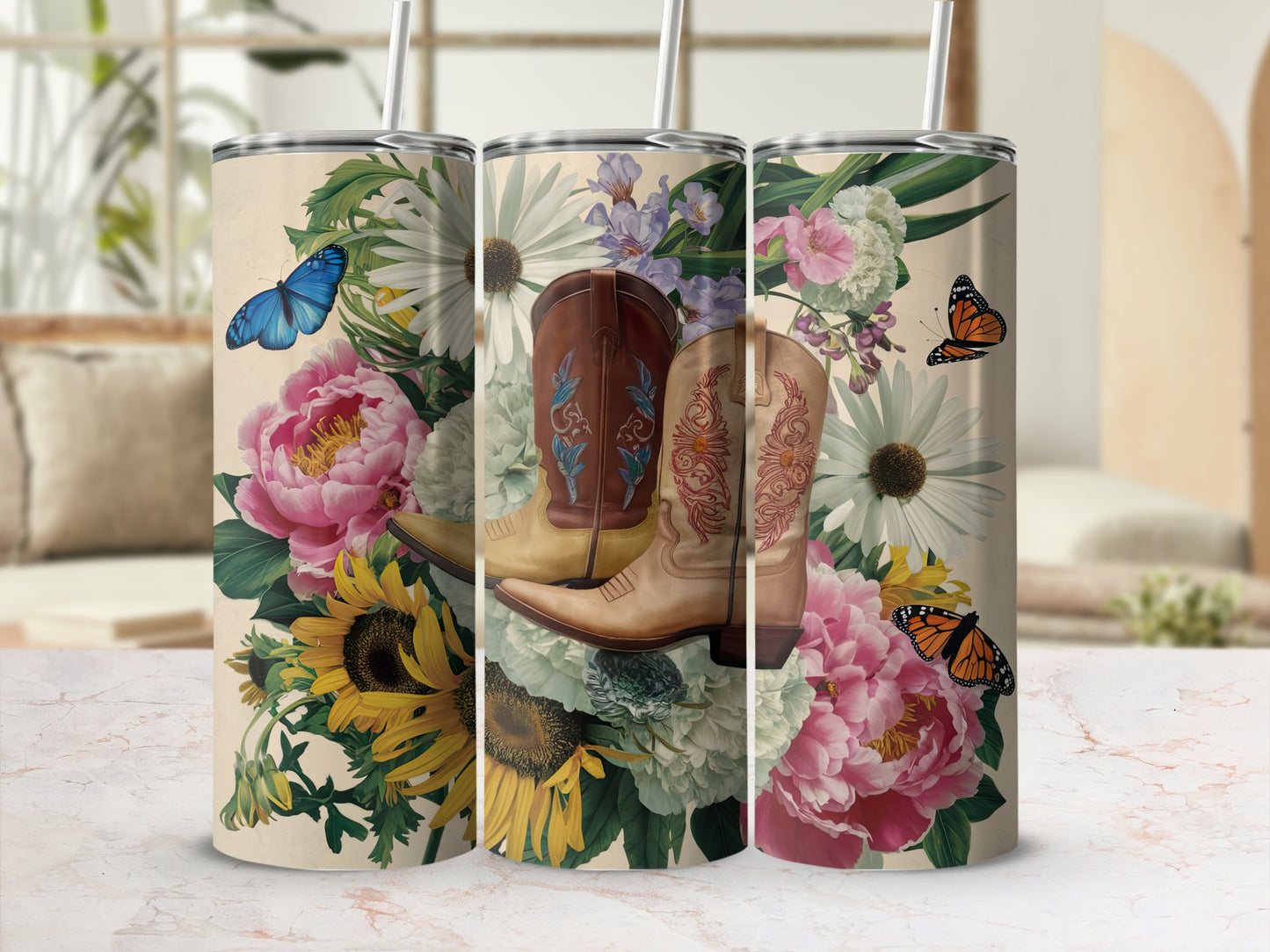 Western boots with floral and butterfly accents, in muted colors.